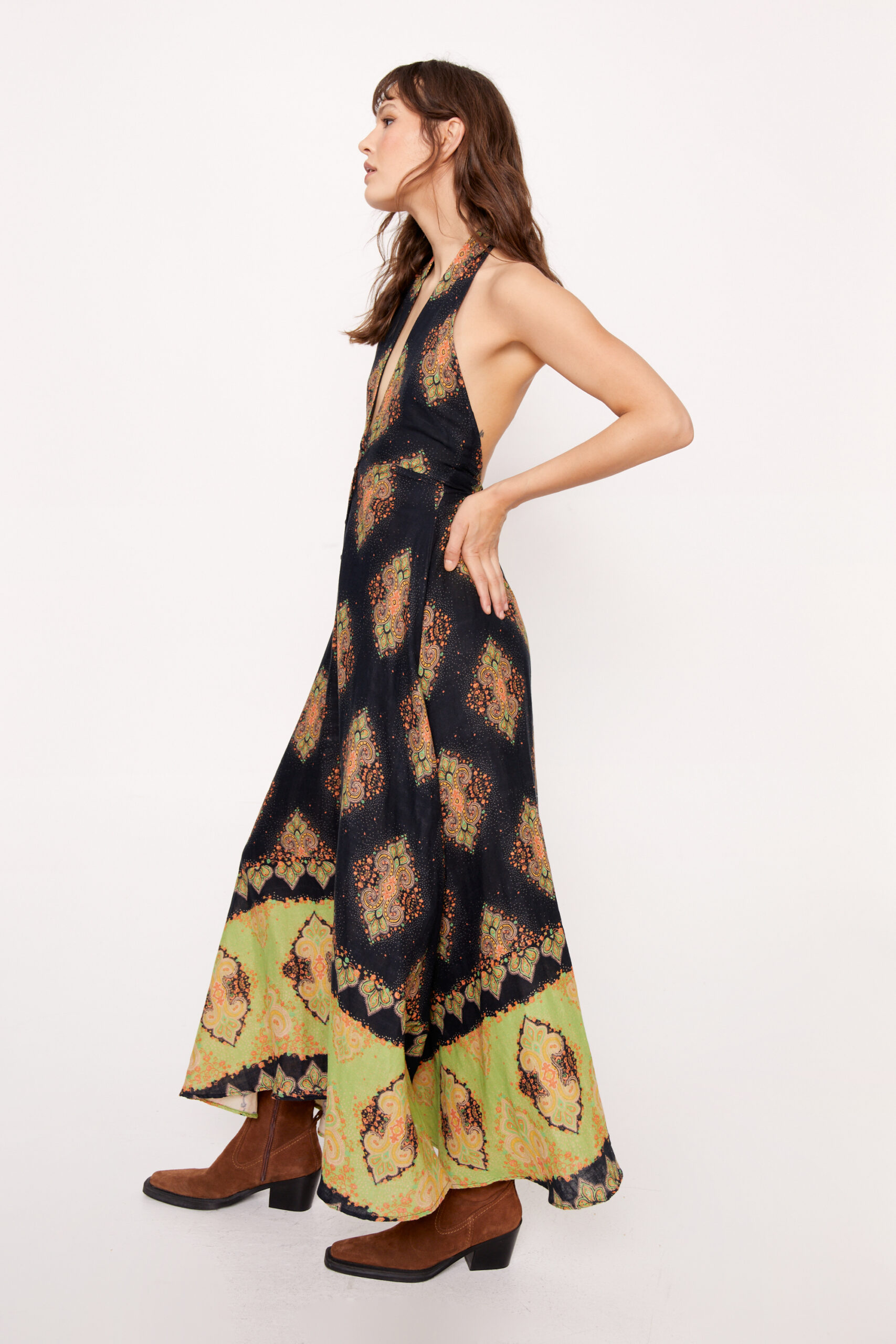 Cotton Paisley Border Print Halter Maxi Dress