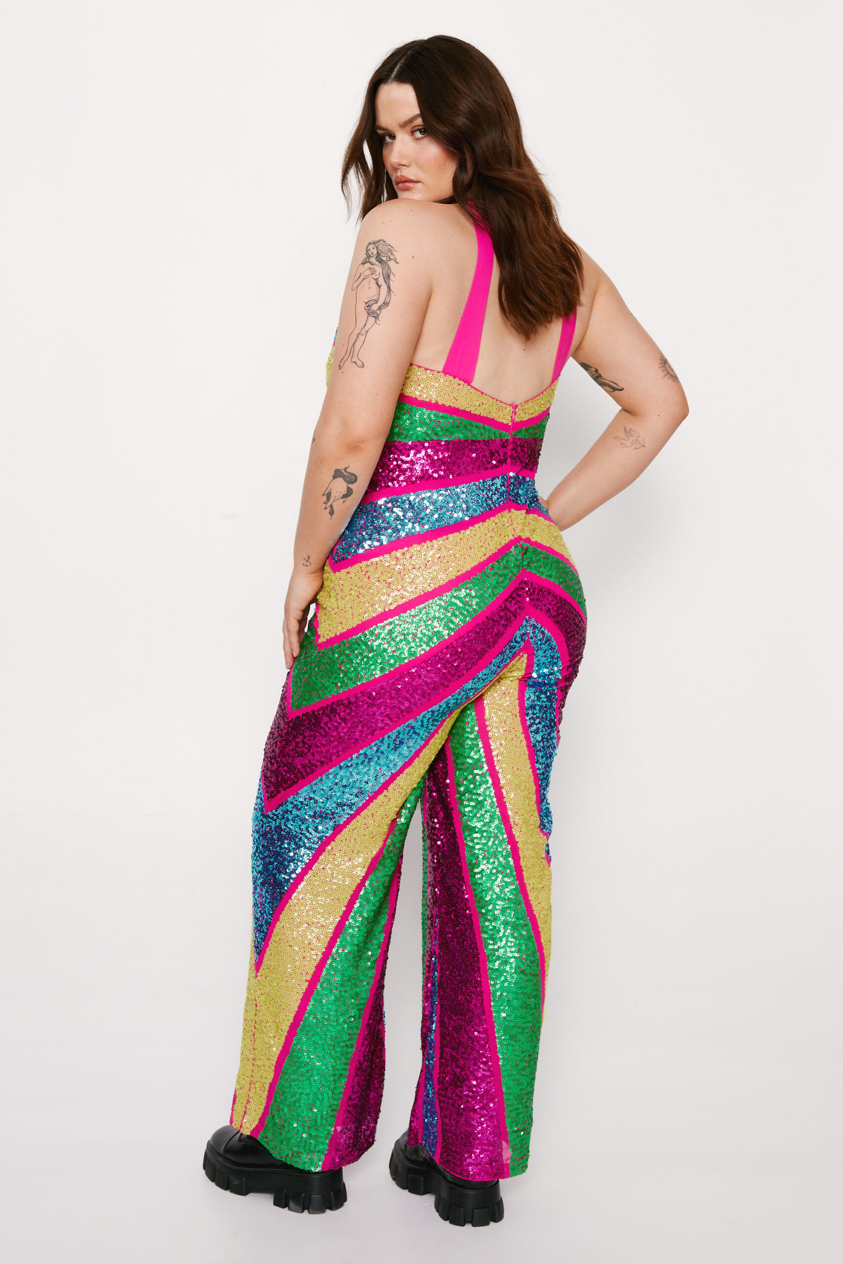 Plus Size Sequin Colorblock Plunge Wide Leg Jumpsuit