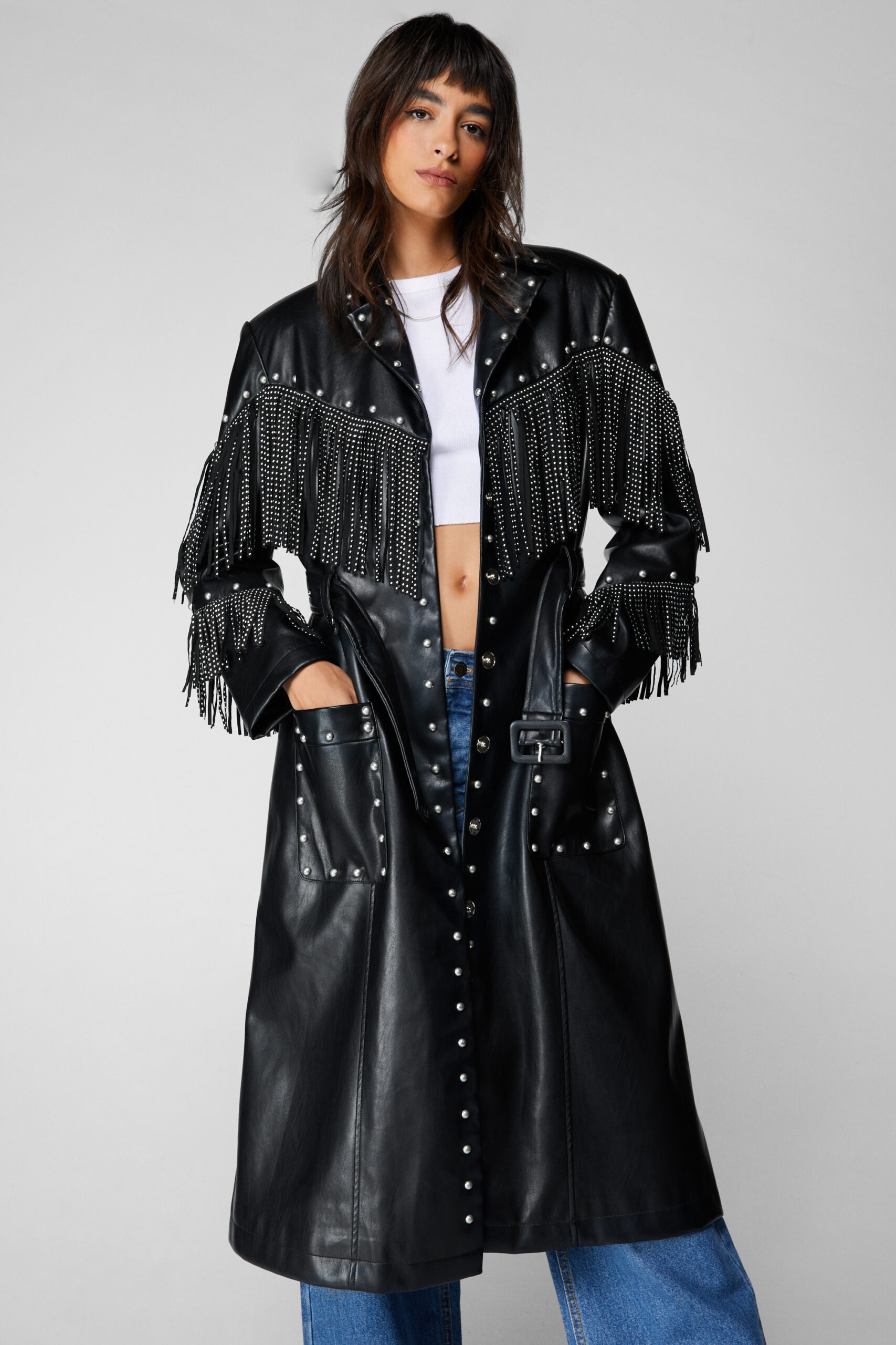 Premium Faux Leather Fringe Studded Western Trench Coat