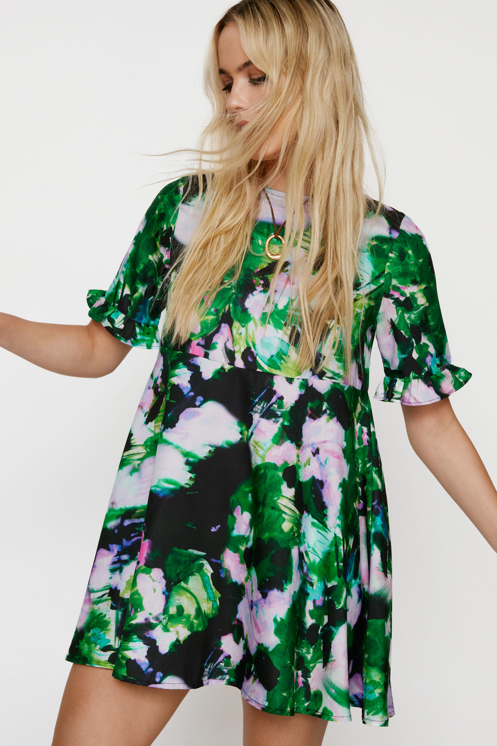 Printed Frill Smock Mini Dress