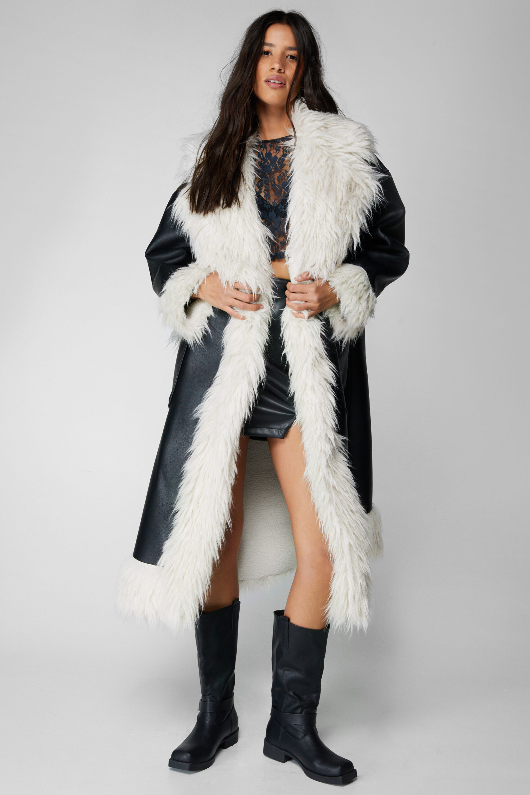 Faux Leather Shearling Fur Trim Longline Afghan Coat