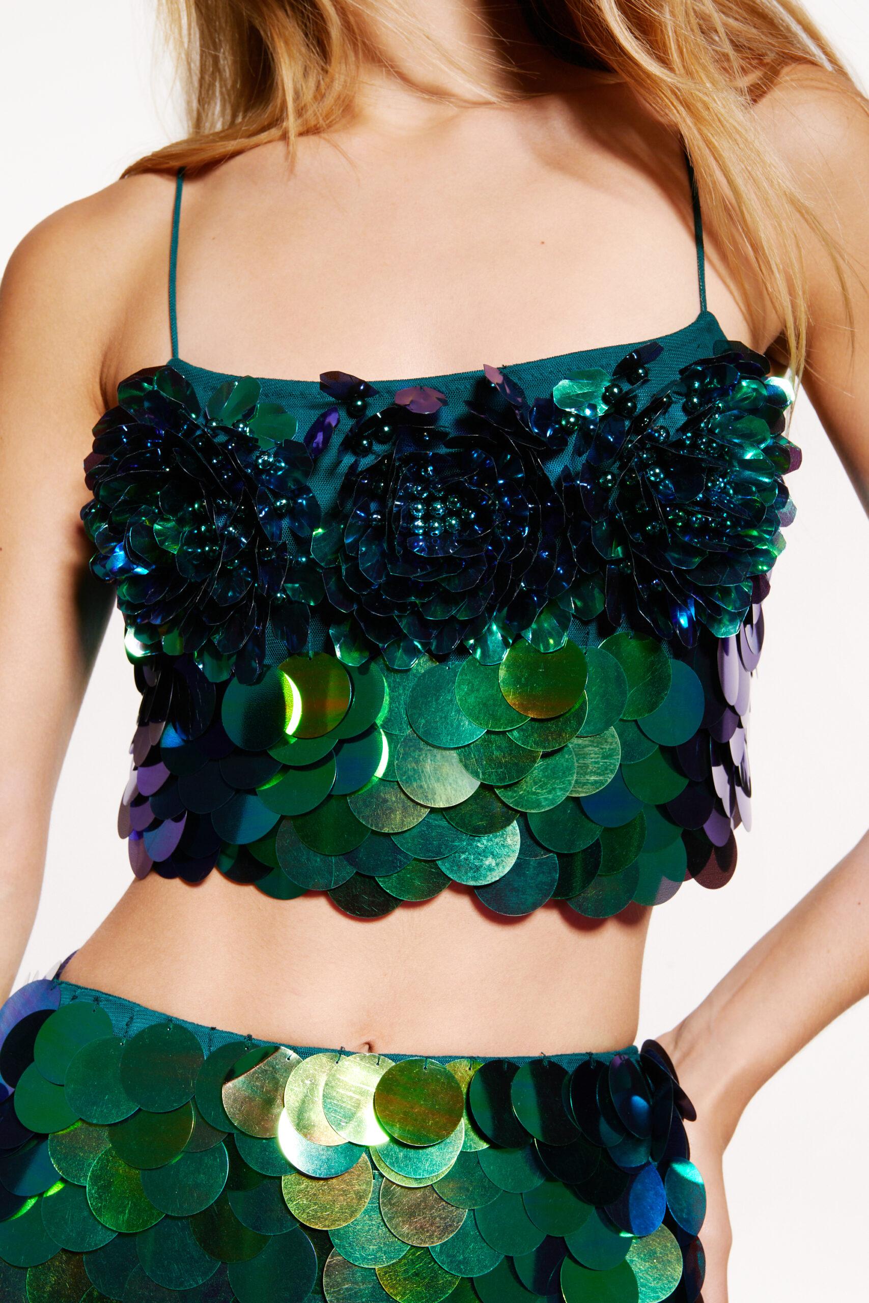 3D Disc Sequin Strappy Crop Top