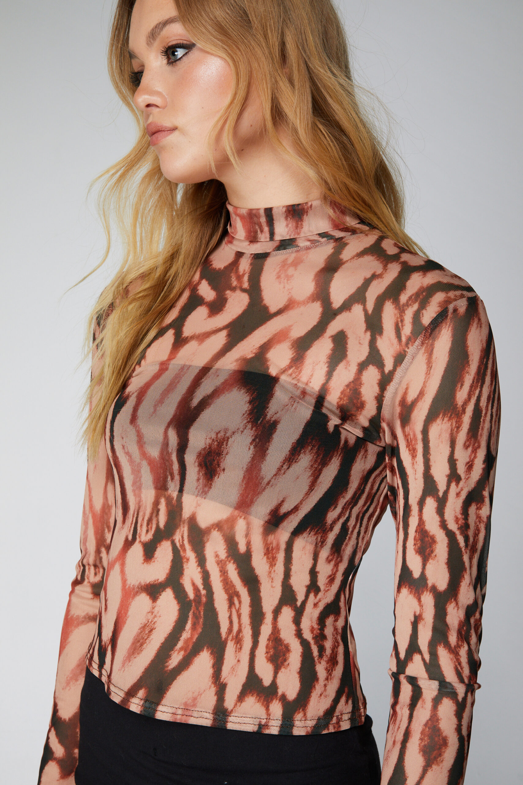 Animal Mesh Funnel Neck Top