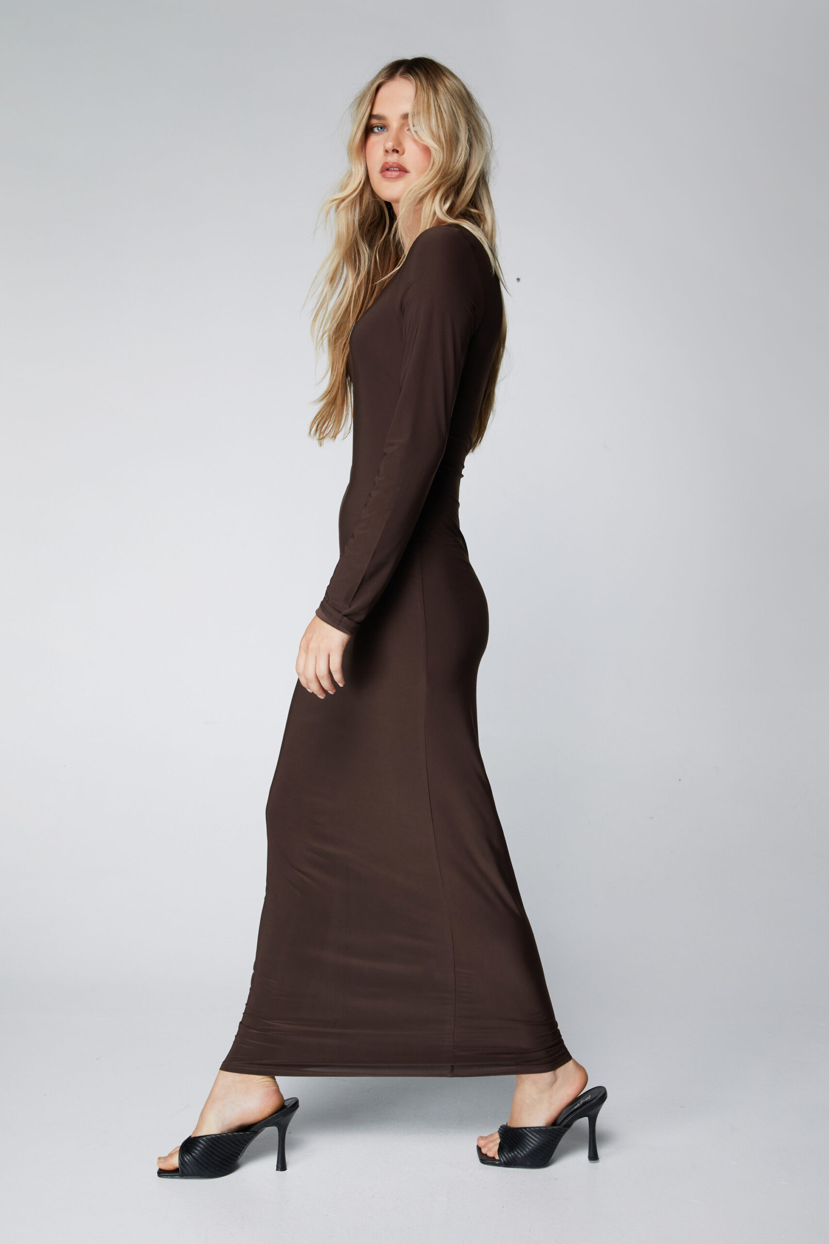 Brown Long Sleeve Slinky Maxi Dress