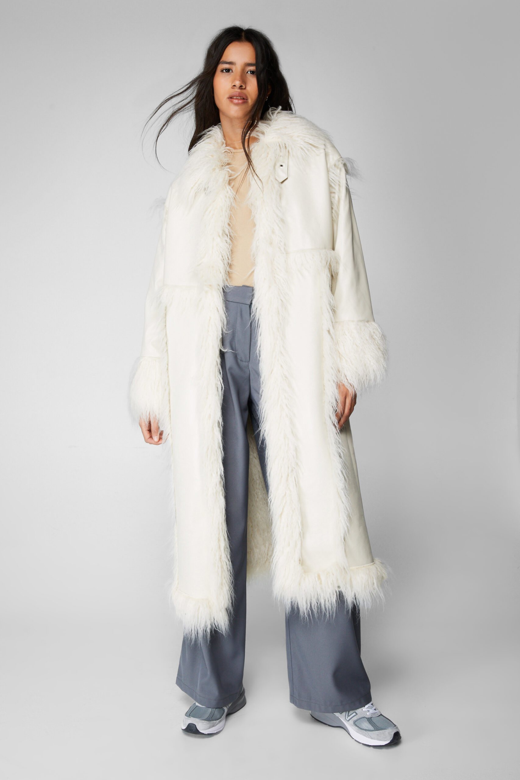 Premium Faux Leather Faux Fur Detail Longline Coat