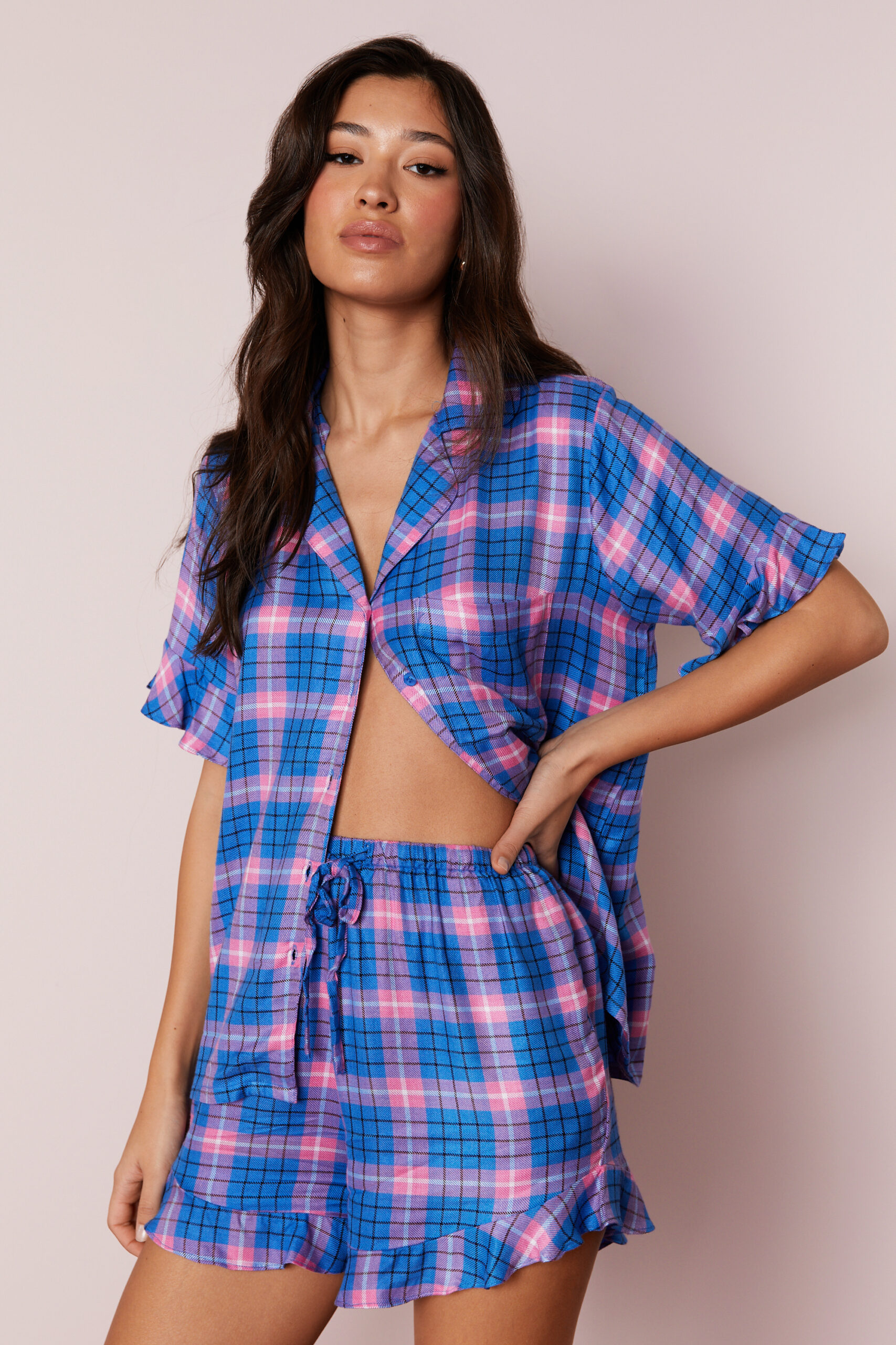 Soft Plaid Ruffle Pajama Shorts Set