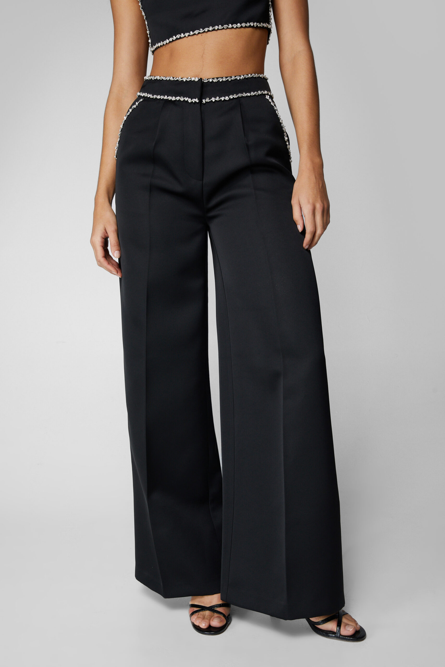 Premium Satin Diamante Trim Tailored Pants