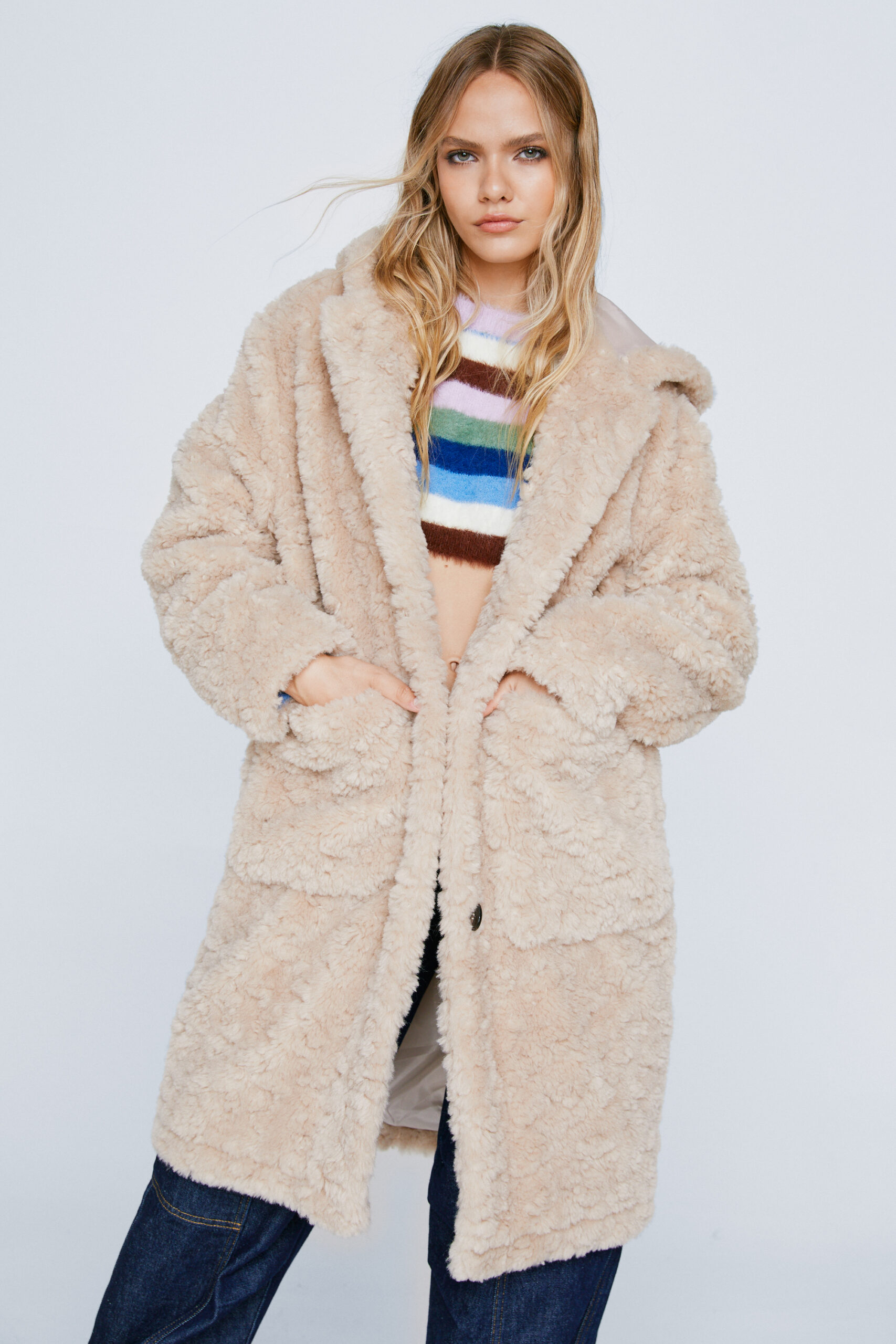 Premium Faux Fur Pocket Detail Teddy Coat 