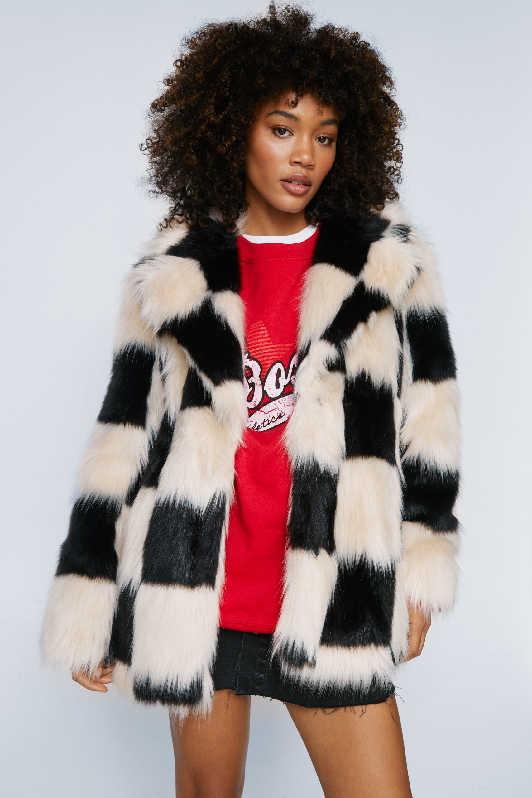 Mono Checkerboard Faux Fur Coat 