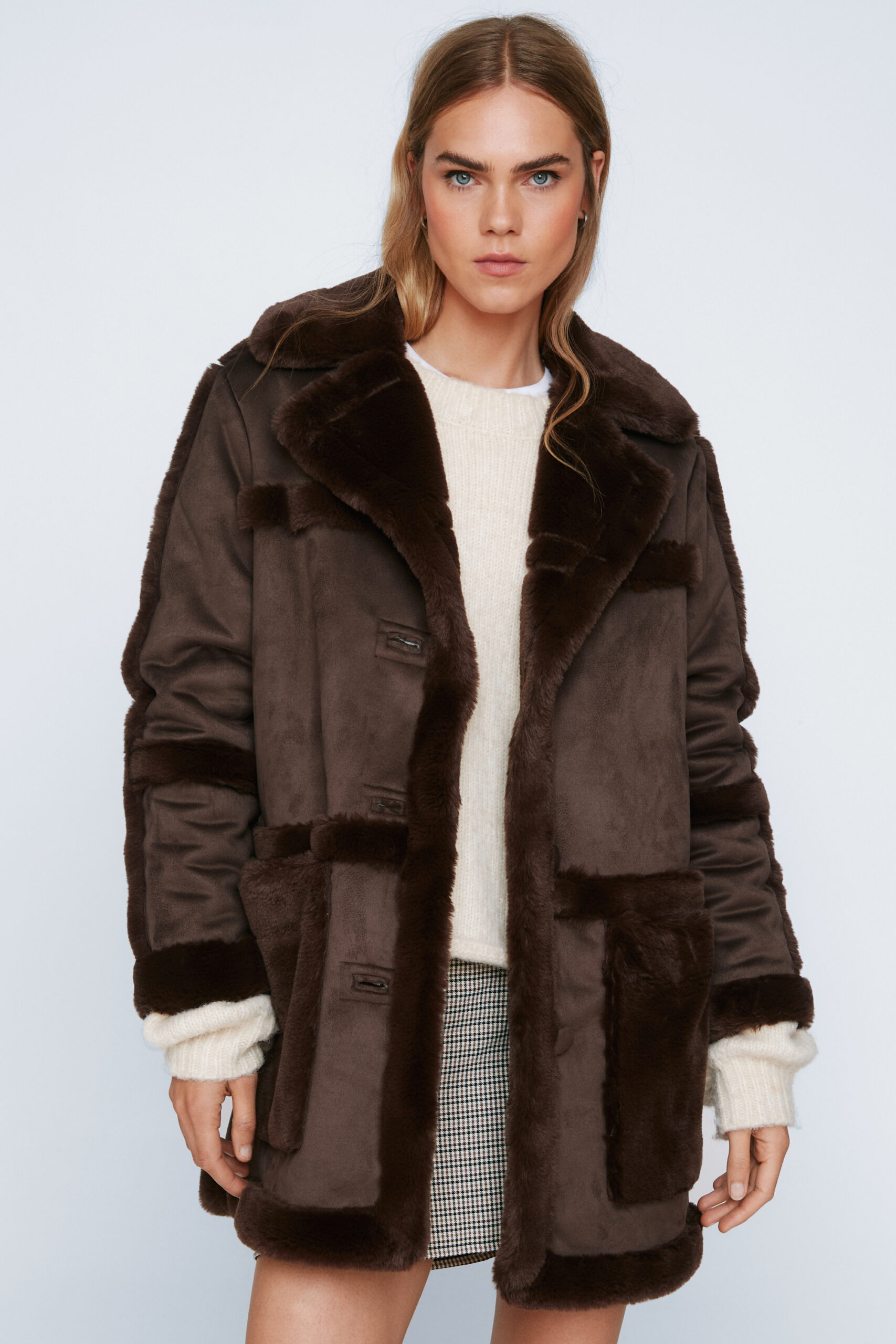 Faux Fur & Faux Suede Longline Jacket 