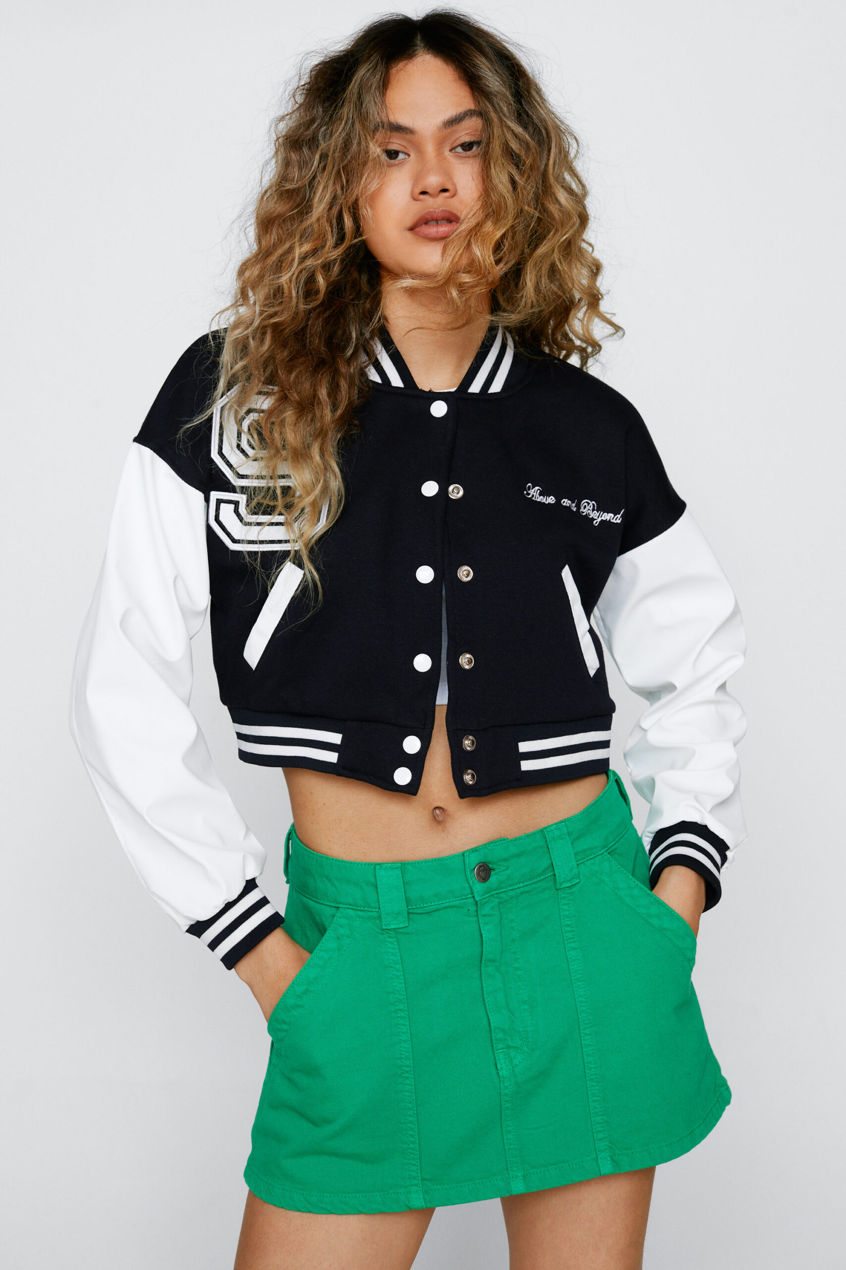 Faux Leather Sleeve Varsity Jacket 