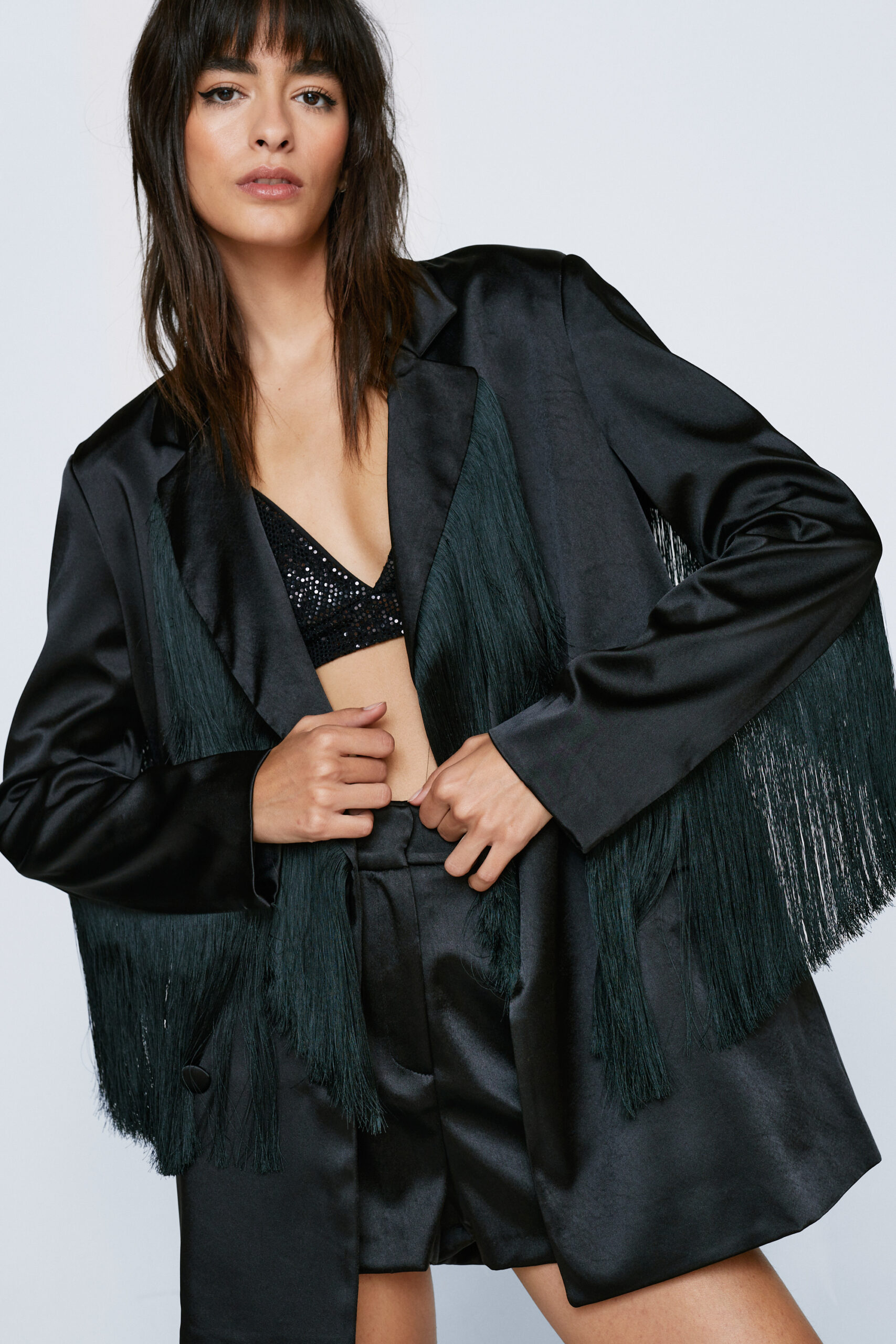 Premium Bonded Satin Fringe Blazer 