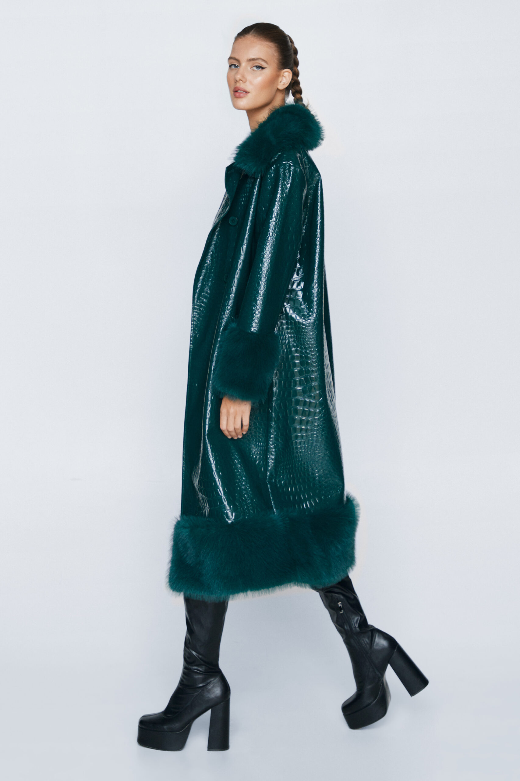 Faux Vinyl Croc Coat With Faux Fur Trim 