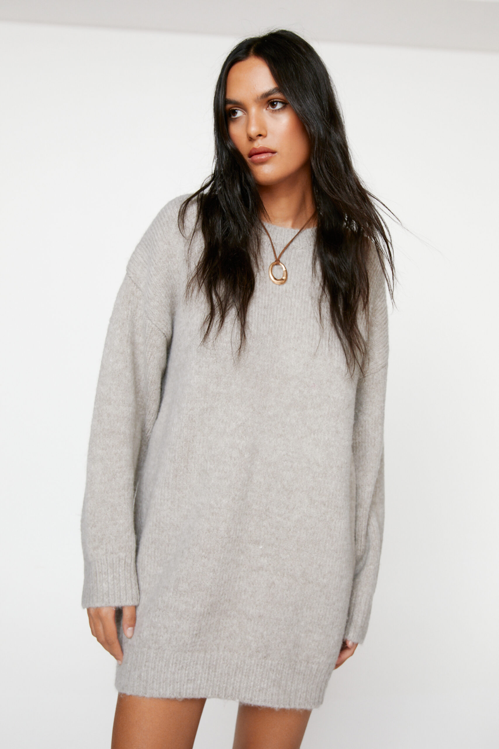 Brushed Knit Crew Neck Sweater Dress