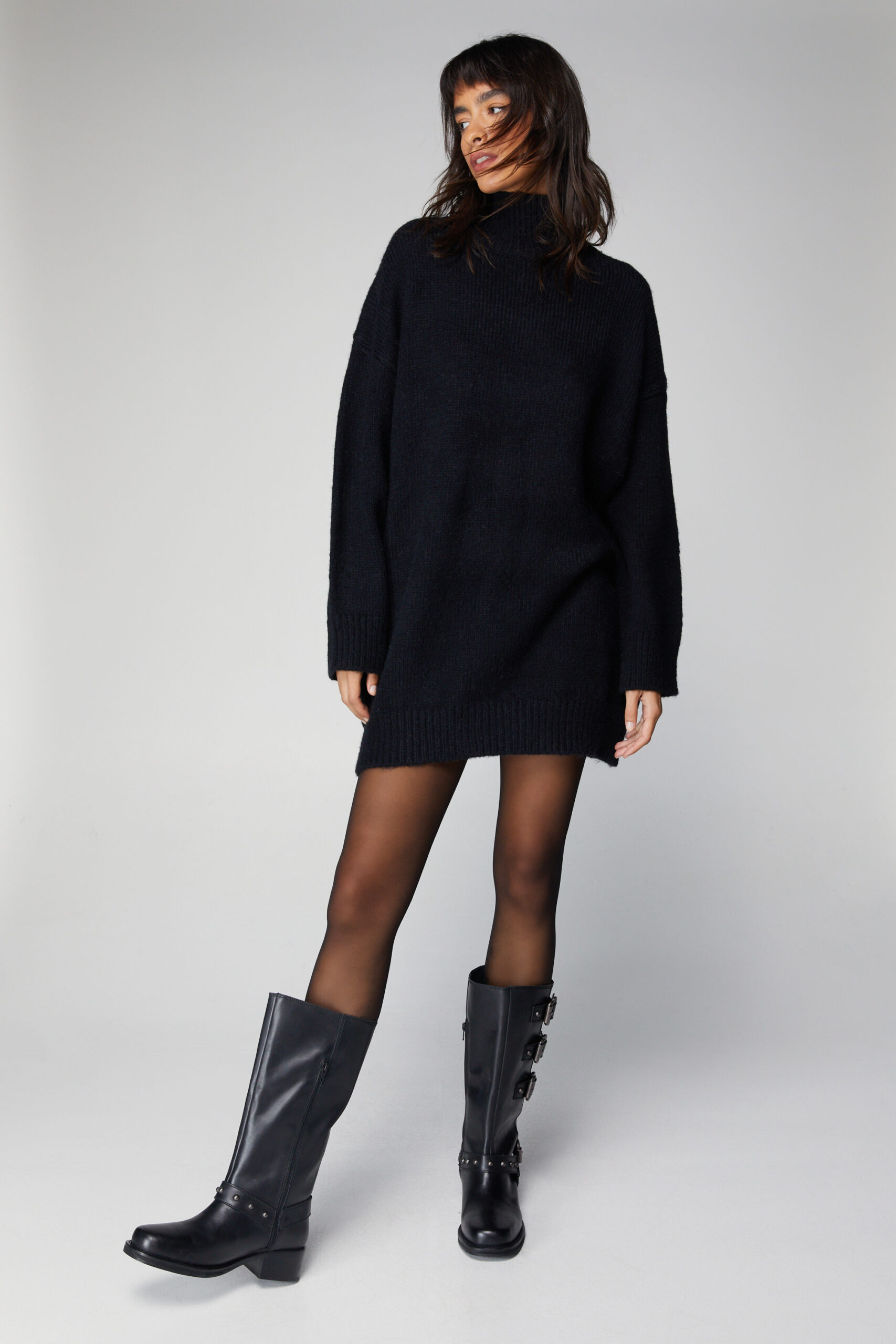 Brushed Knit Oversized Turtleneck Sweater Dress