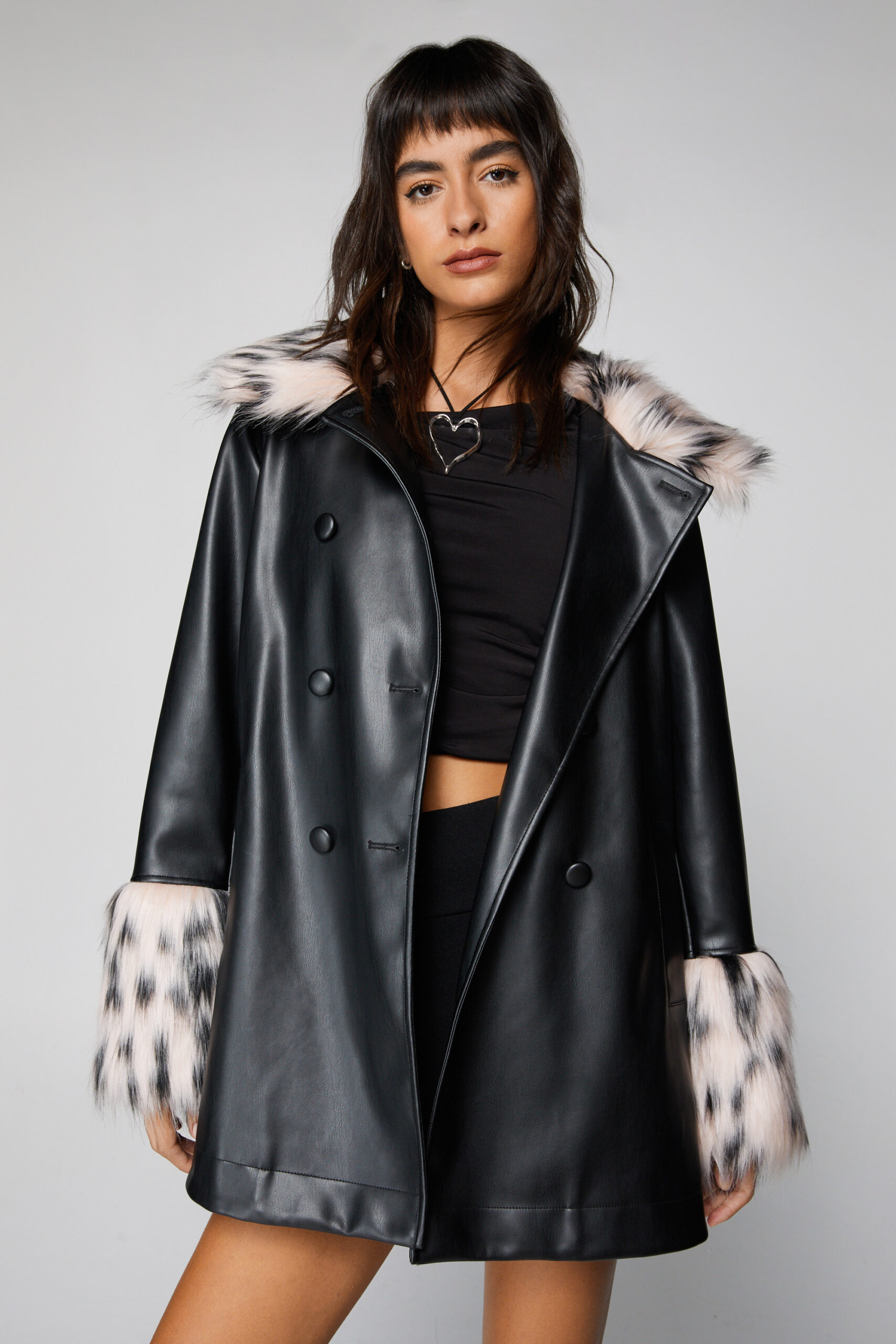 Fur Trim Faux Leather Swing Coat