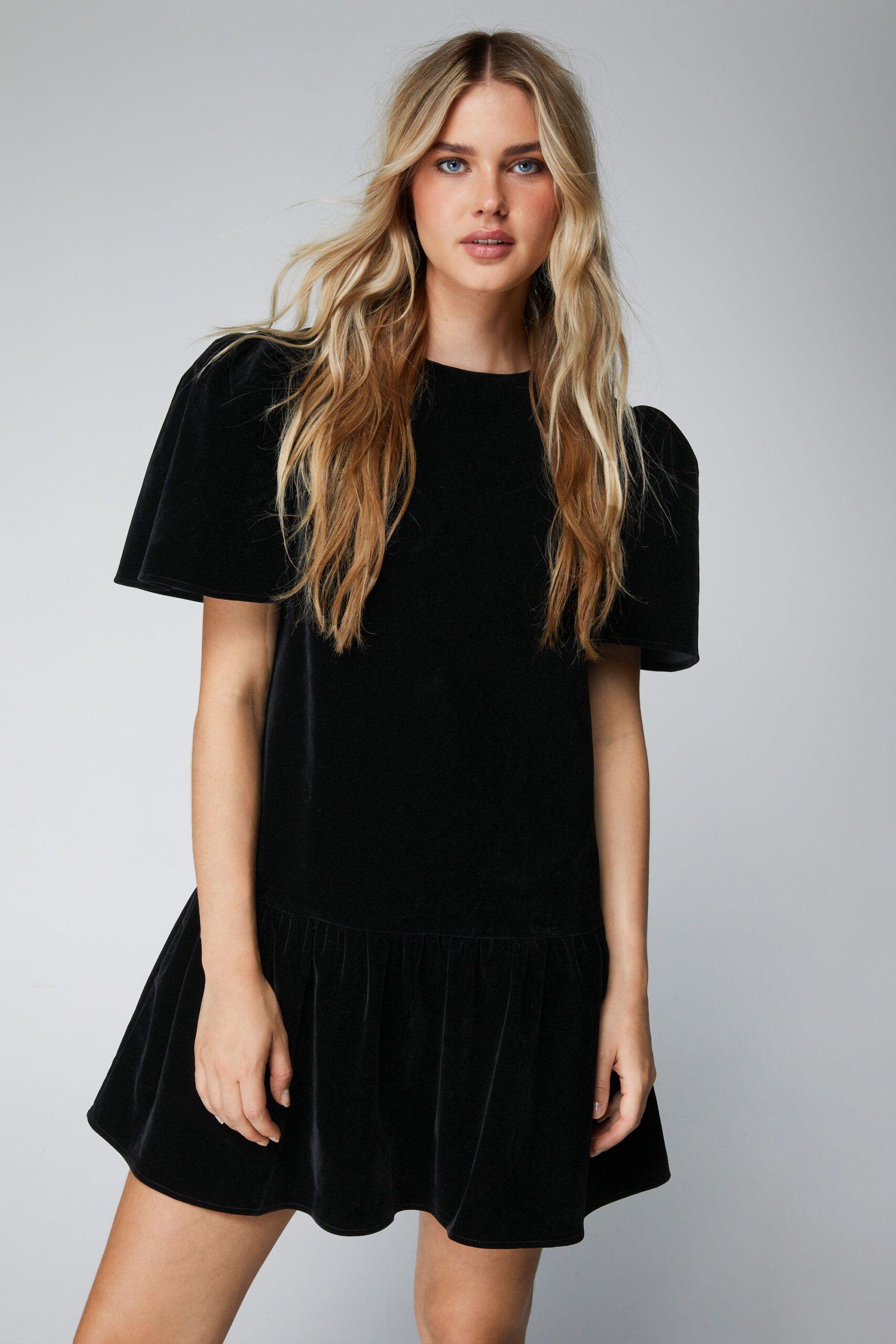 Structured Velvet Puff Sleeve Mini Dress