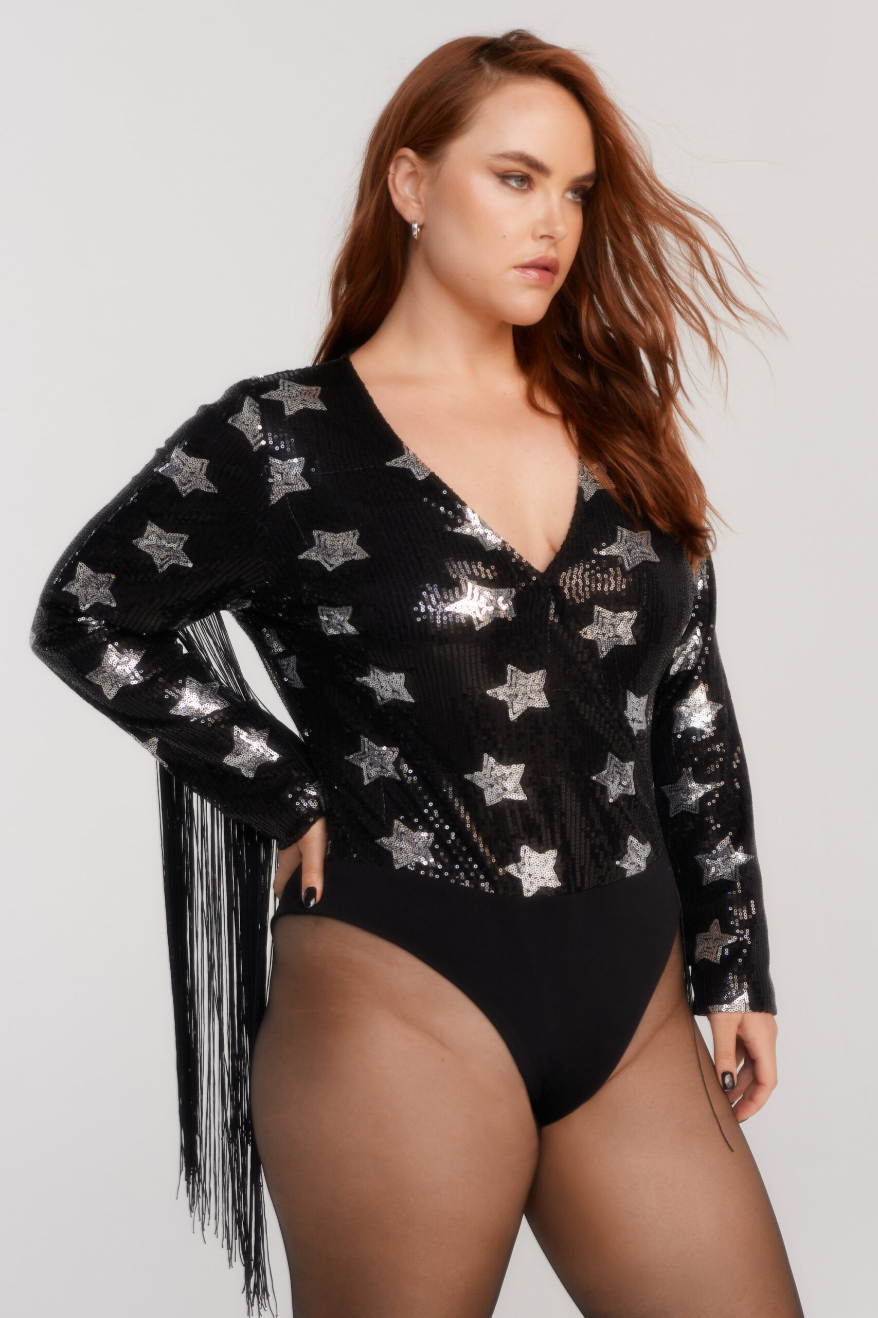 Plus Size Star Sequin Plunge Fringe Bodysuit