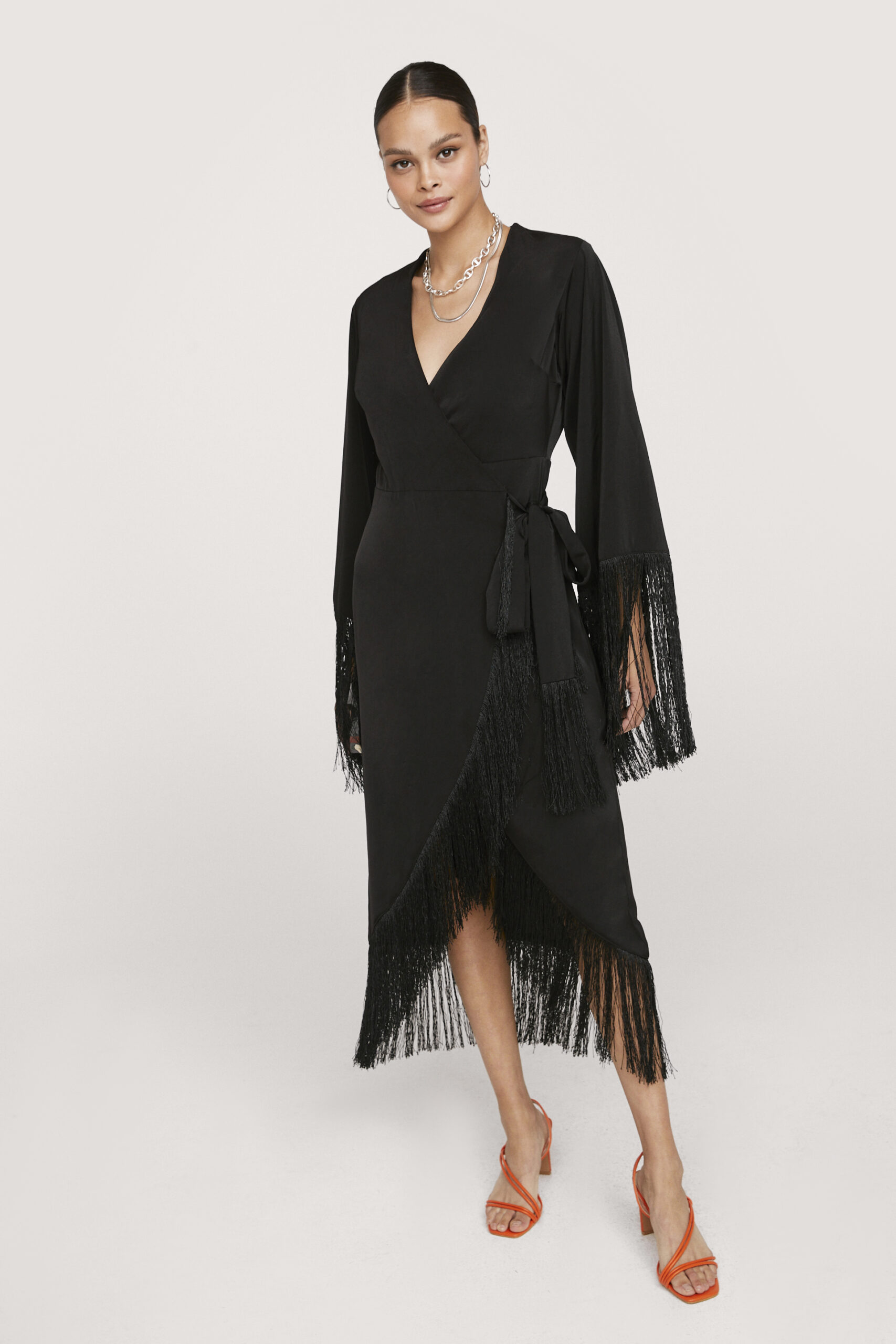 Wrap Fringe Detail Midi Dress