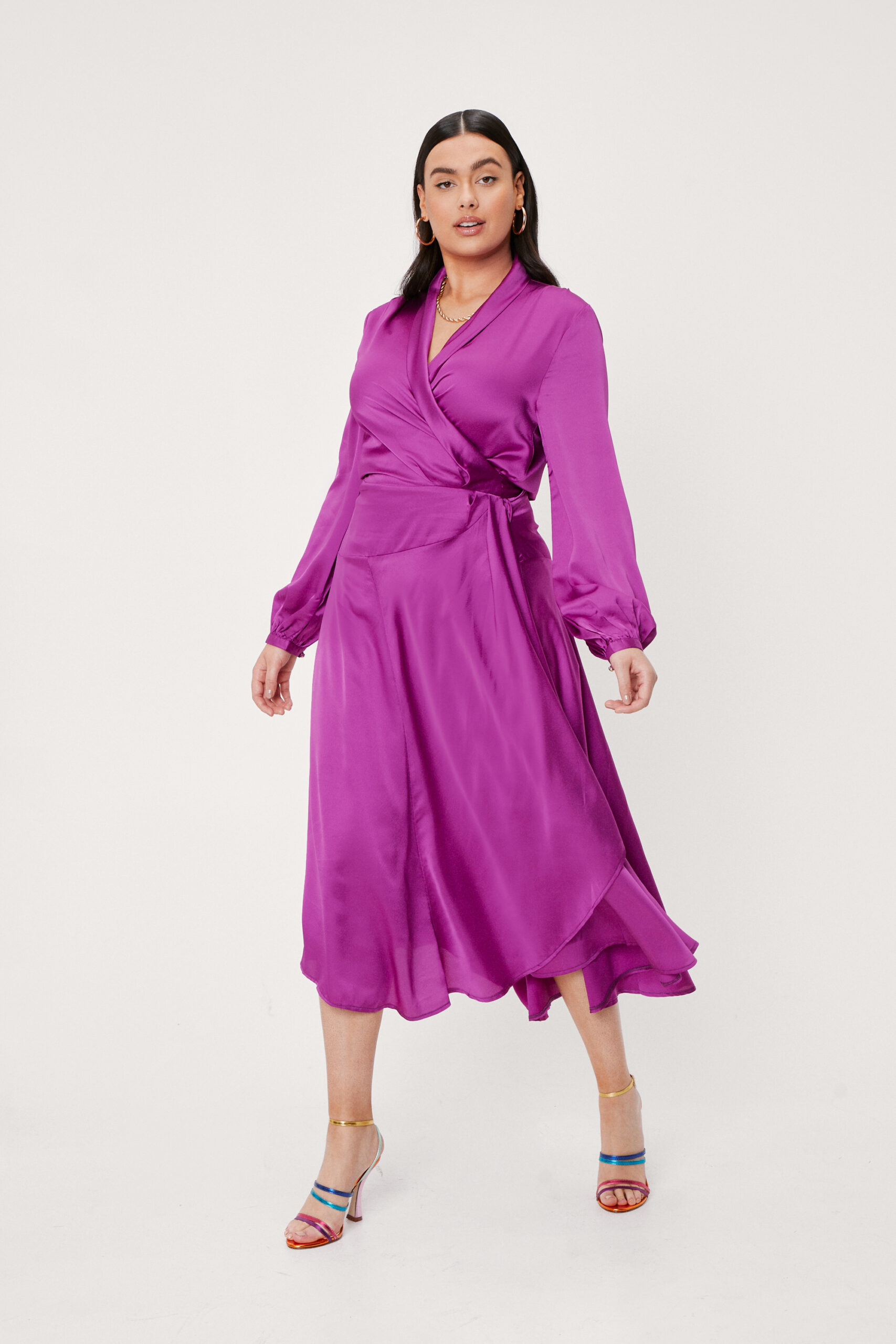 Plus Size Satin Wrap Midi Dress 