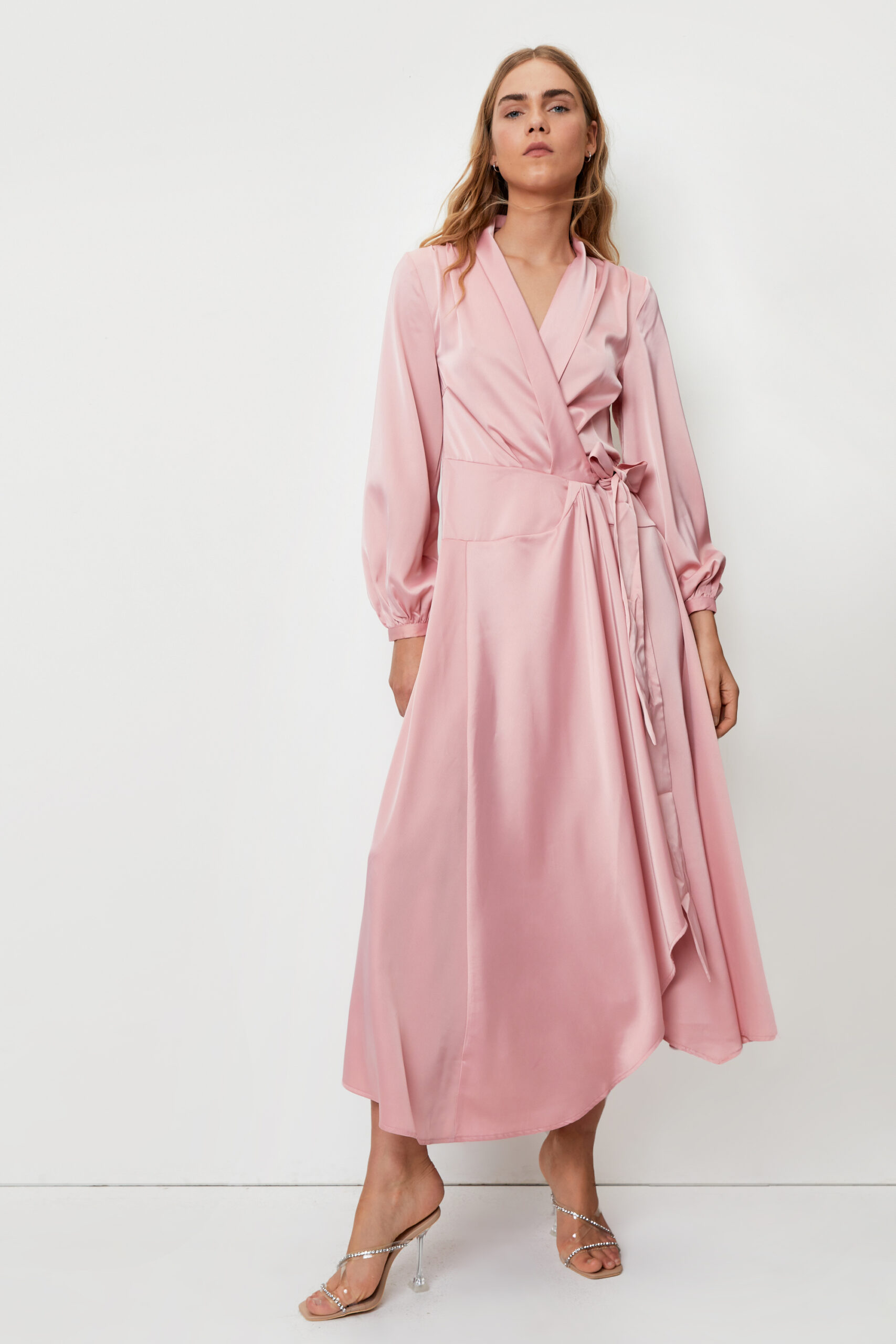 Satin Long Sleeve Midi Wrap Dress 