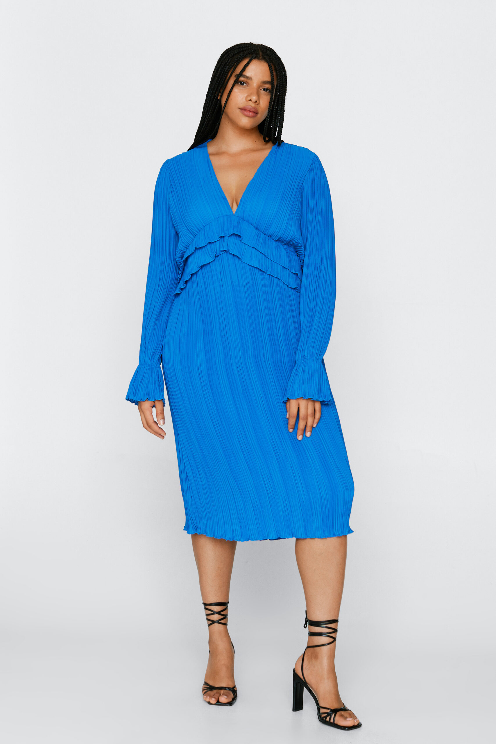 Plus Size Pleated Chiffon Ruffle Midi Dress 