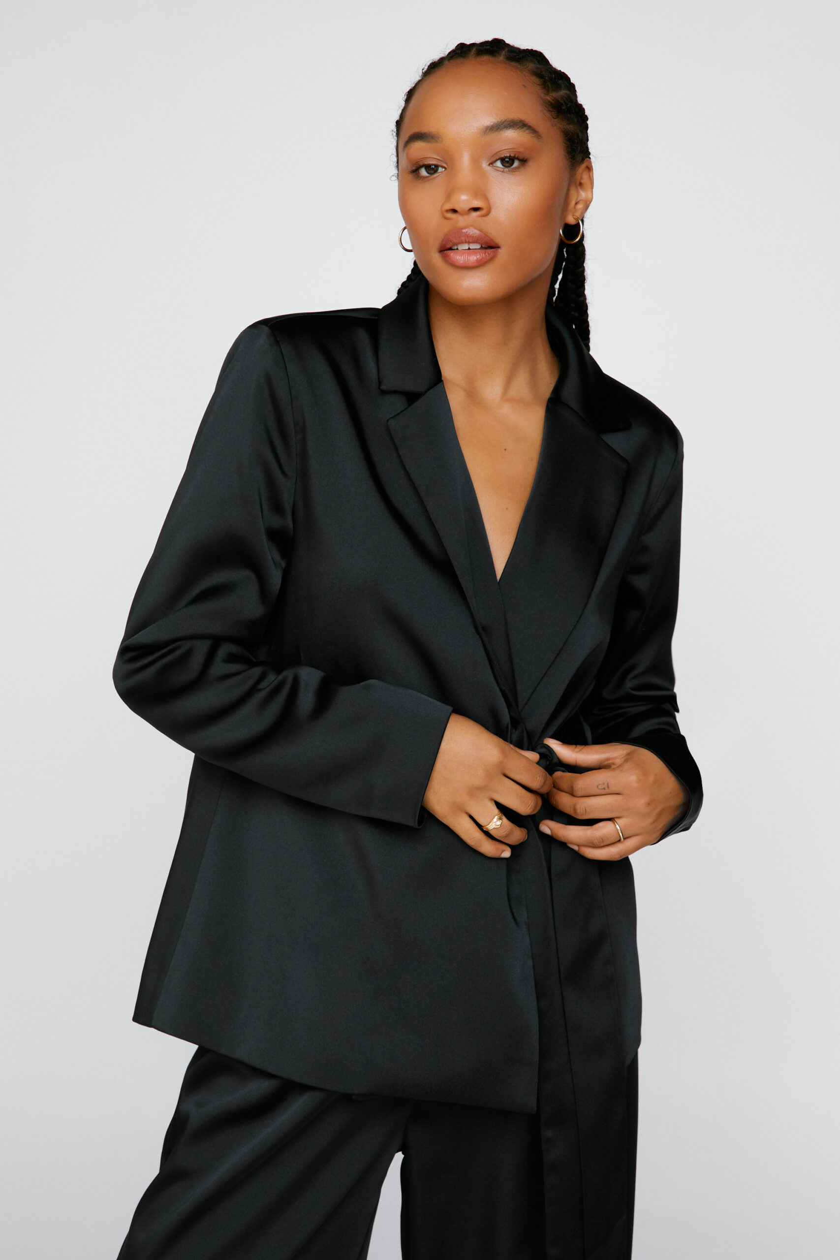 Draped Satin Tie Front Blazer 