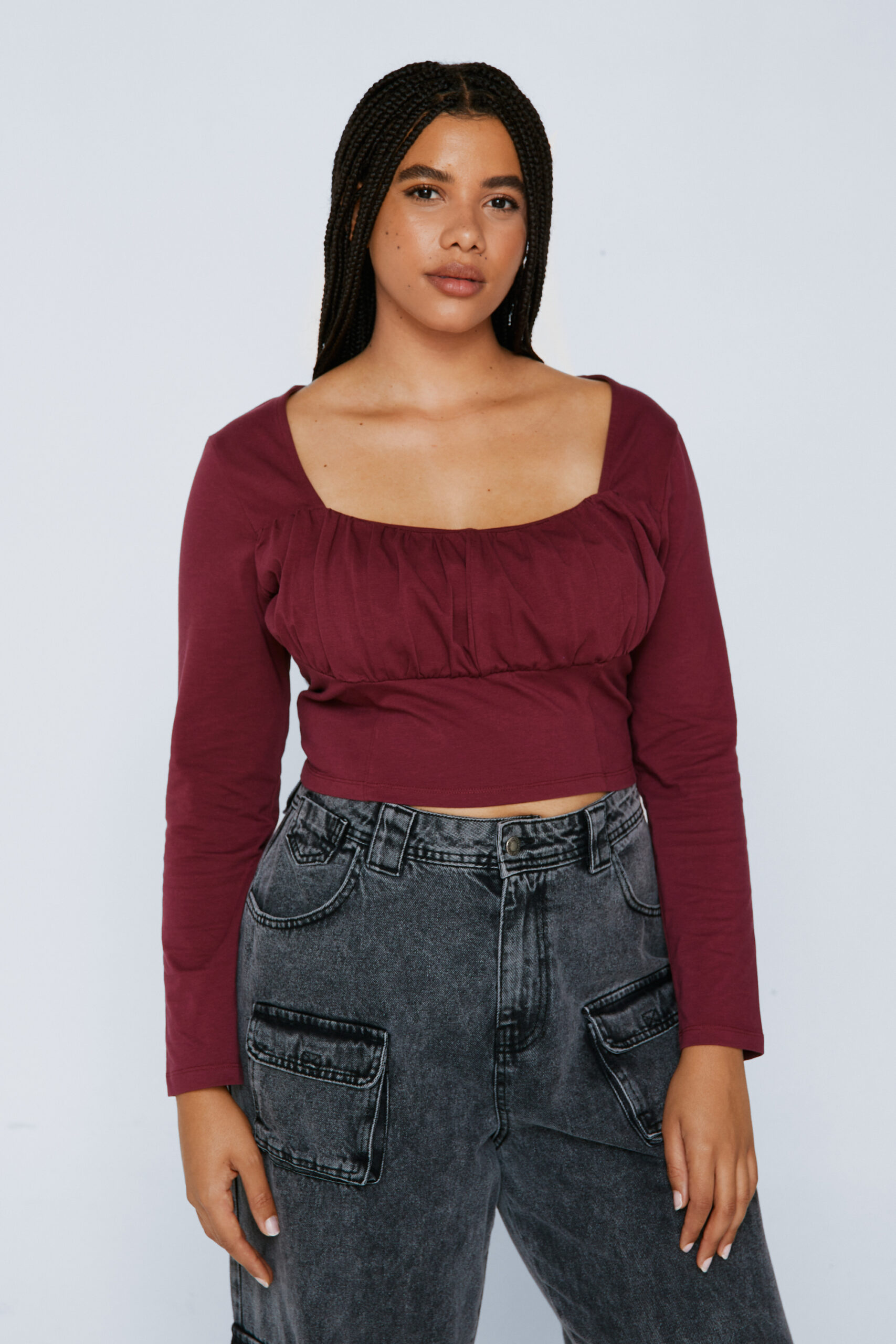 Plus Size Corset Detail Long Sleeve Top 