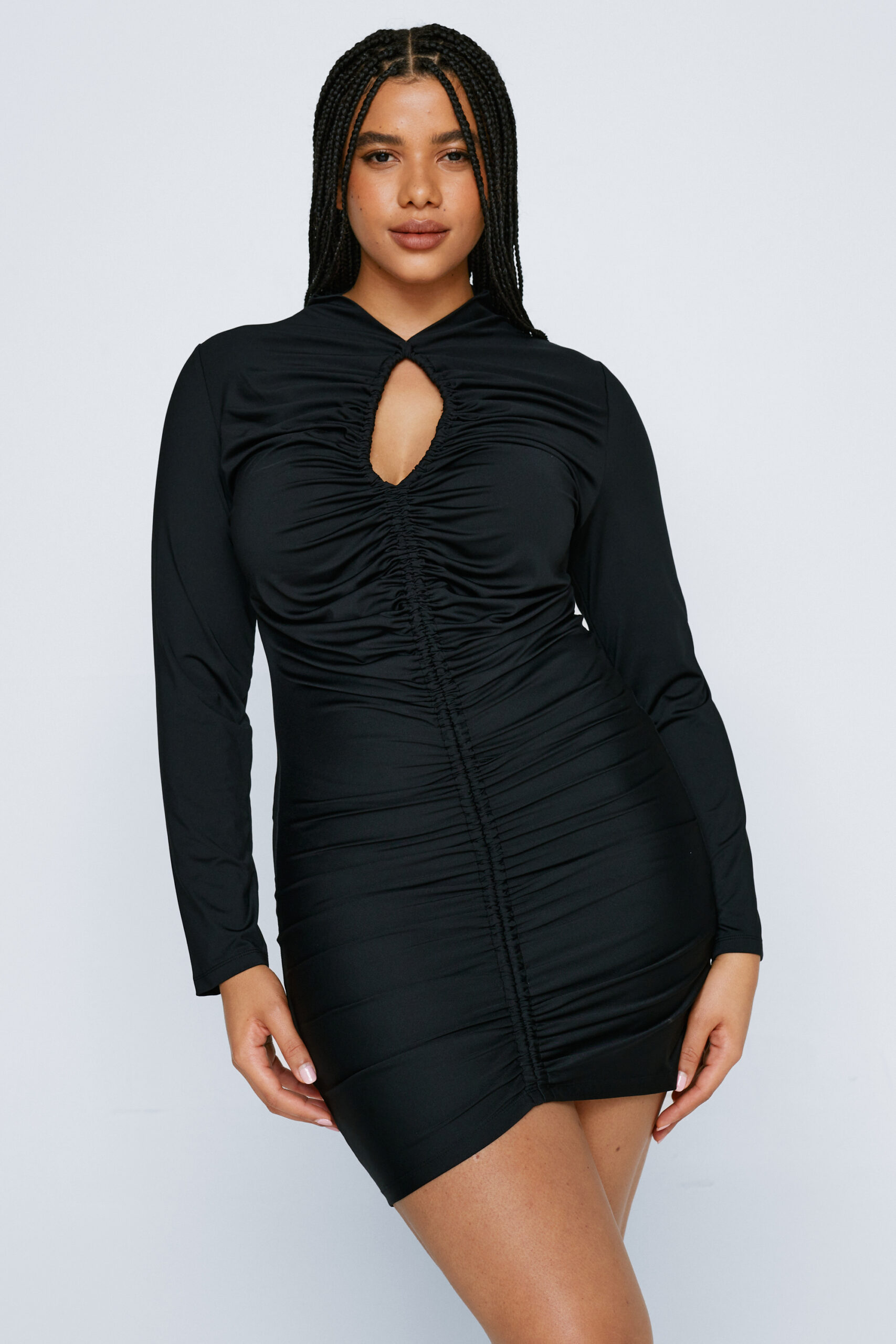 Plus Size Cut Out Ruche Detail Long Sleeve Dress 