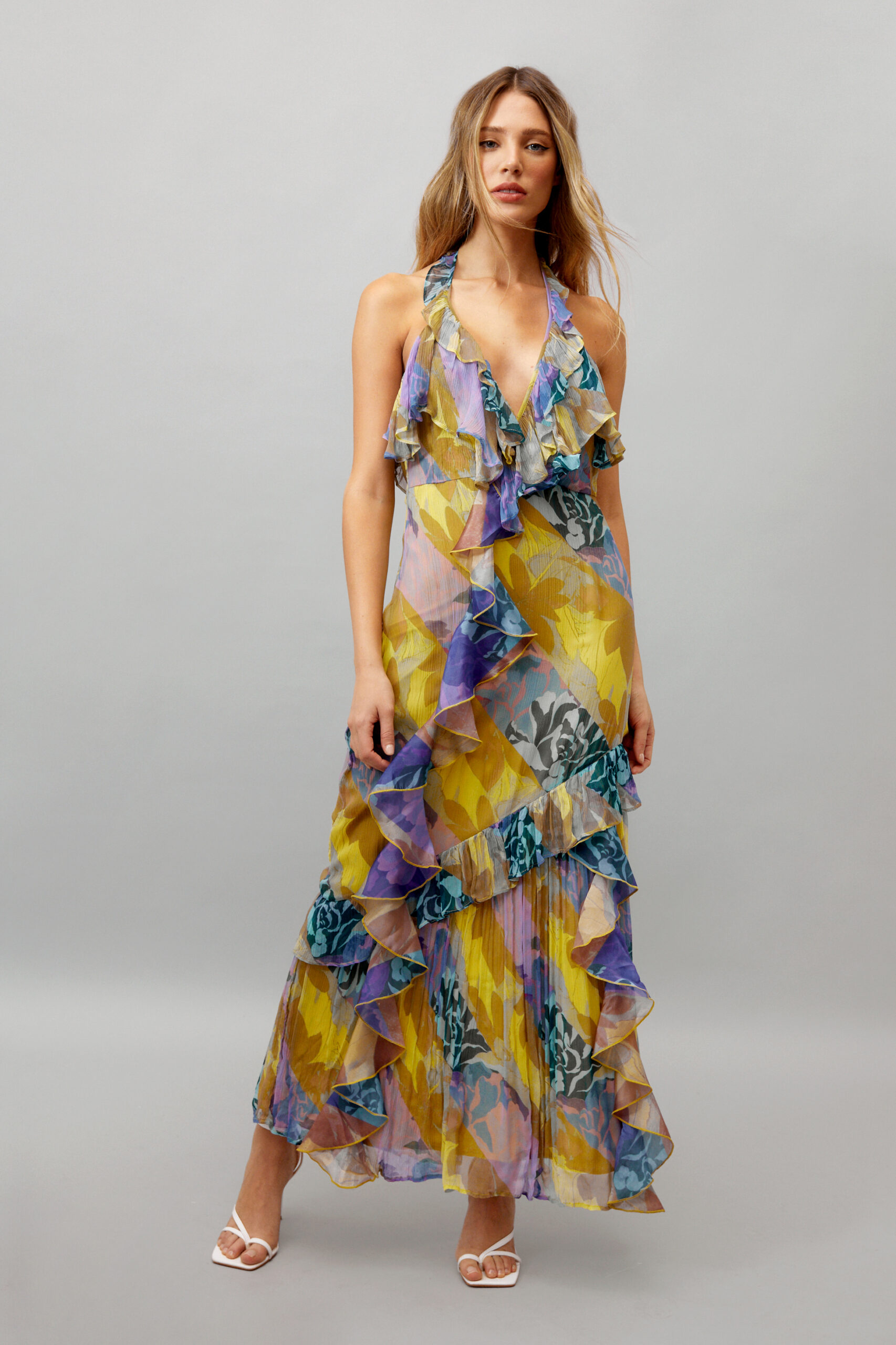 Mixed Floral Print Ruffle Maxi Dress 