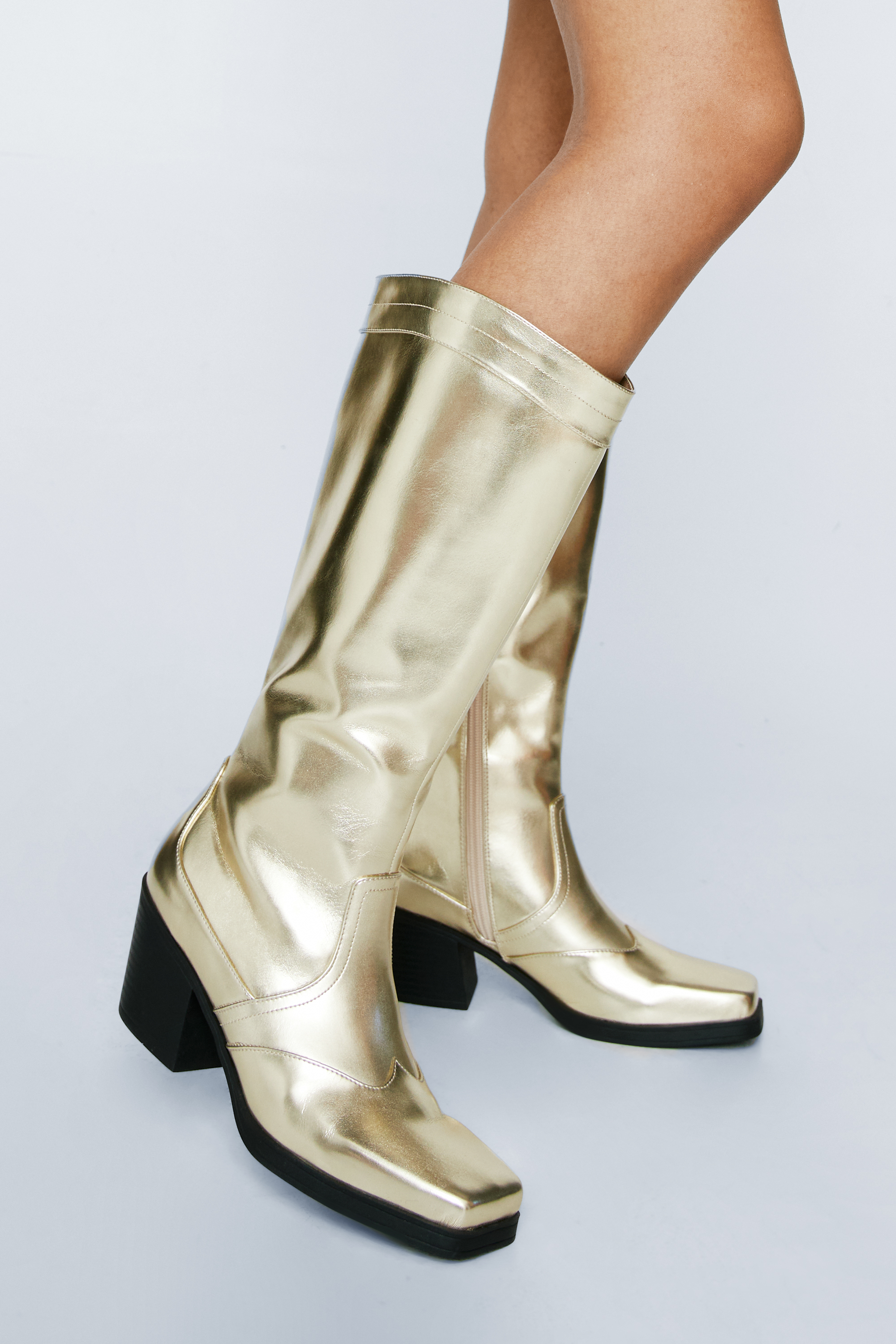 Faux Leather Metallic Square Toe Cowboy Boots