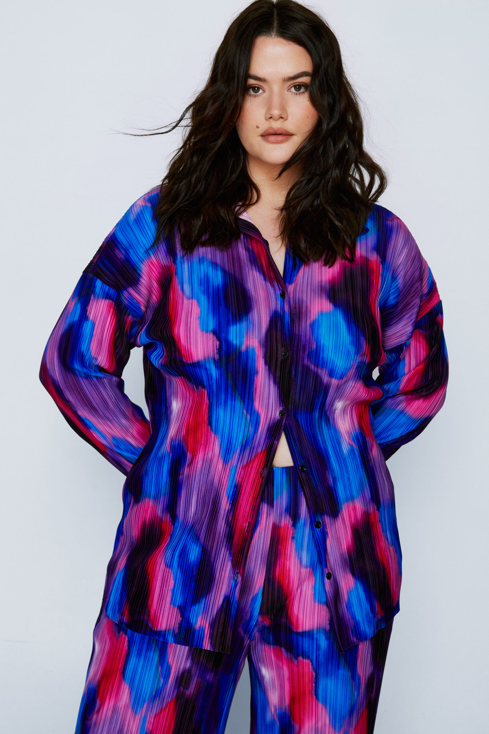 Plus Size Printed Plisse Oversized Shirt 