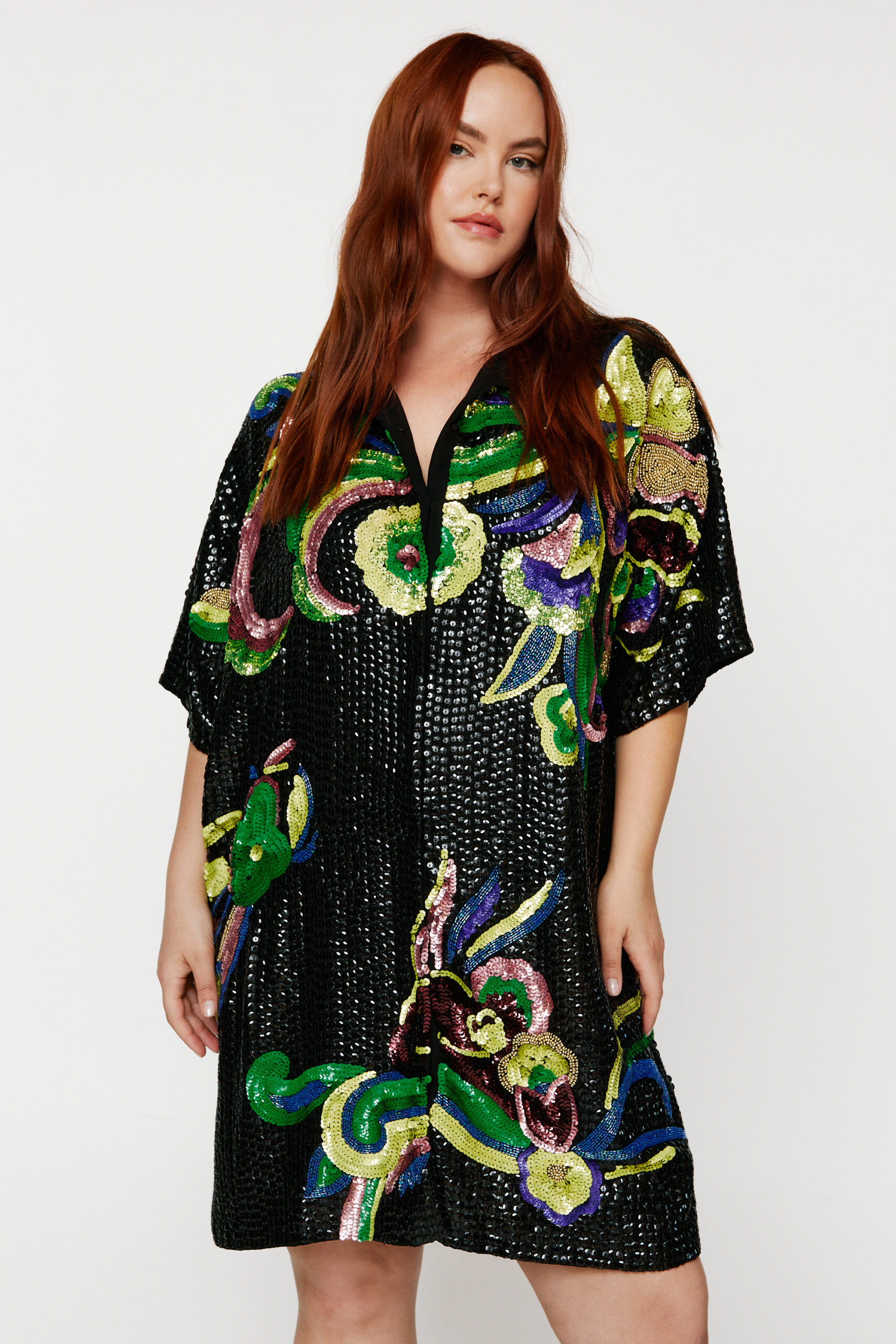 Plus Size Floral Sequin Shirt Dress