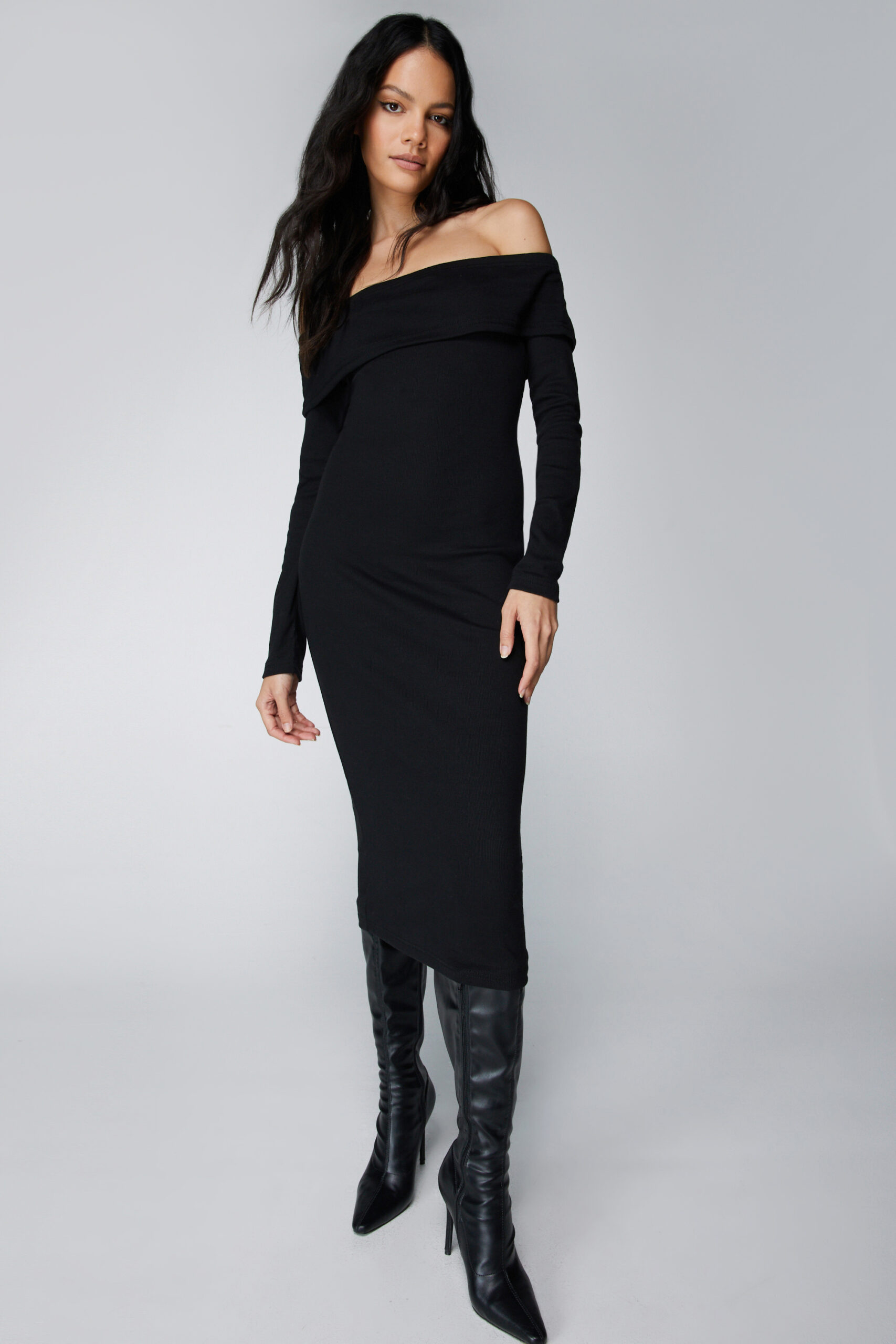 Ribbed Bardot Midi Dress