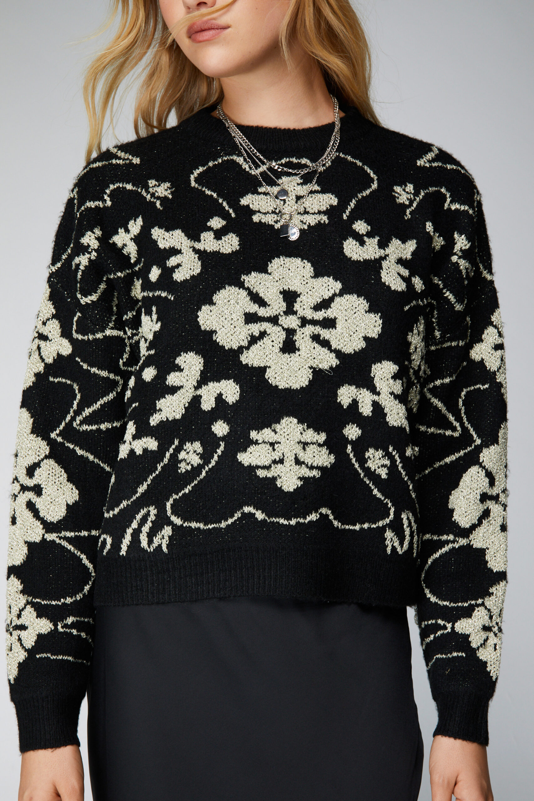 Relaxed Floral Metallic Flecked Knit Sweater