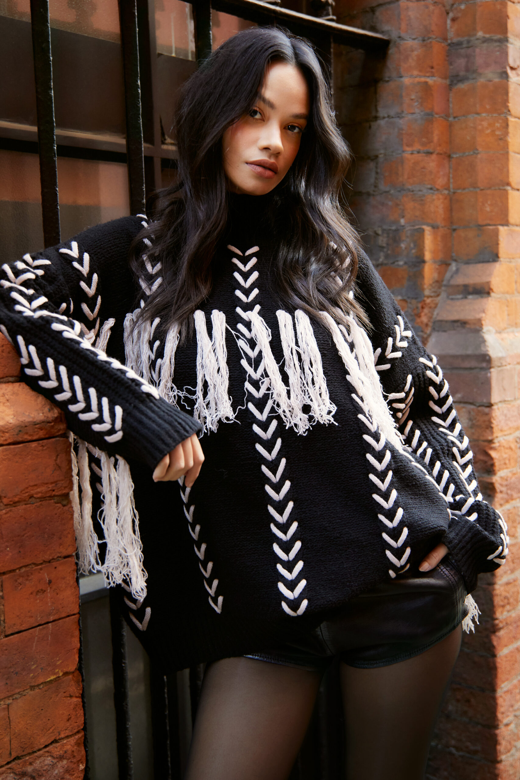 High Neck Stitch Detail Fringe Tassel Sweater