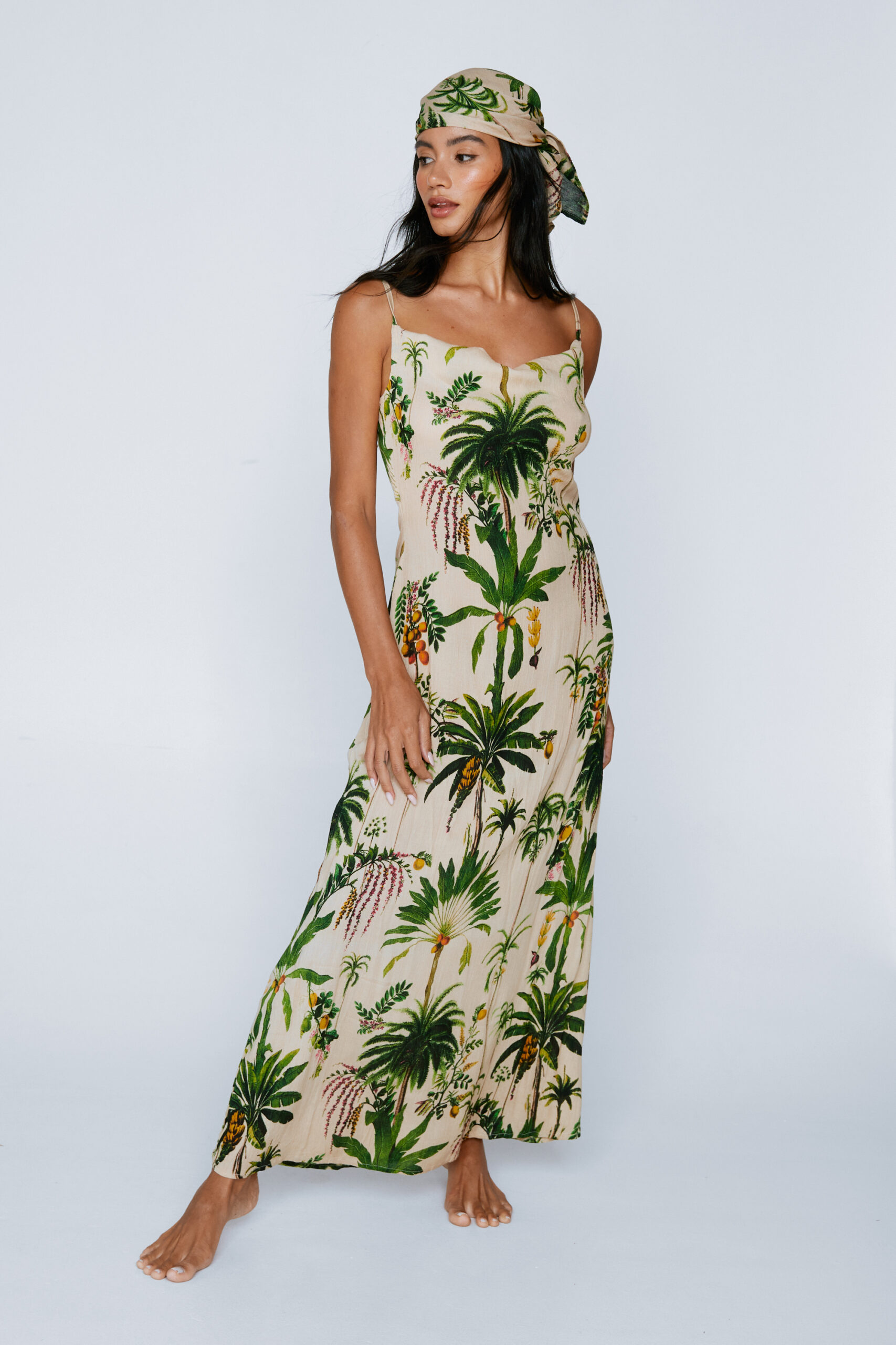 Crinkle Viscose Palm Tree Cowl Maxi Dress And Headscarf Set