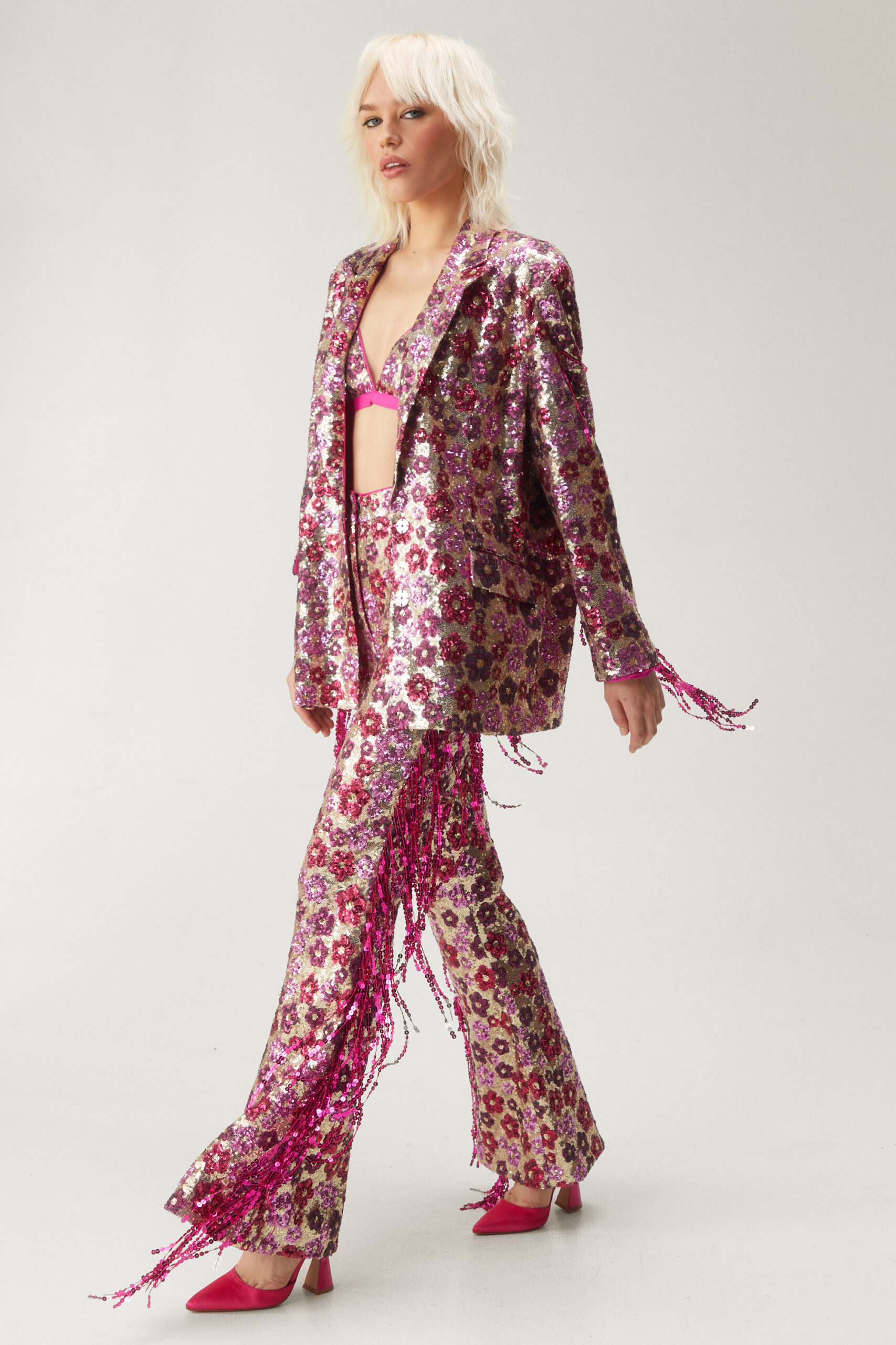 Floral Sequin Flare Pants