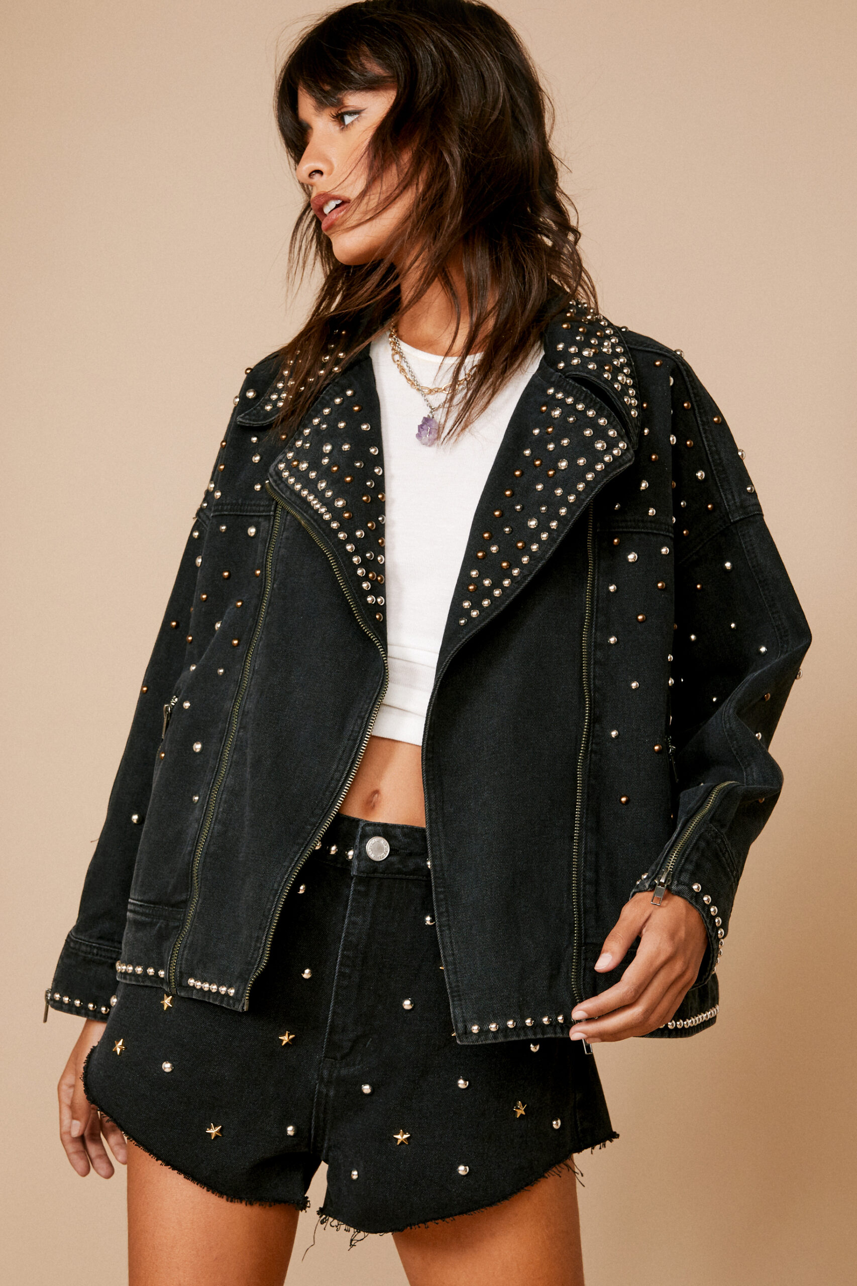 Premium Embellished Studded Denim Moto Jacket