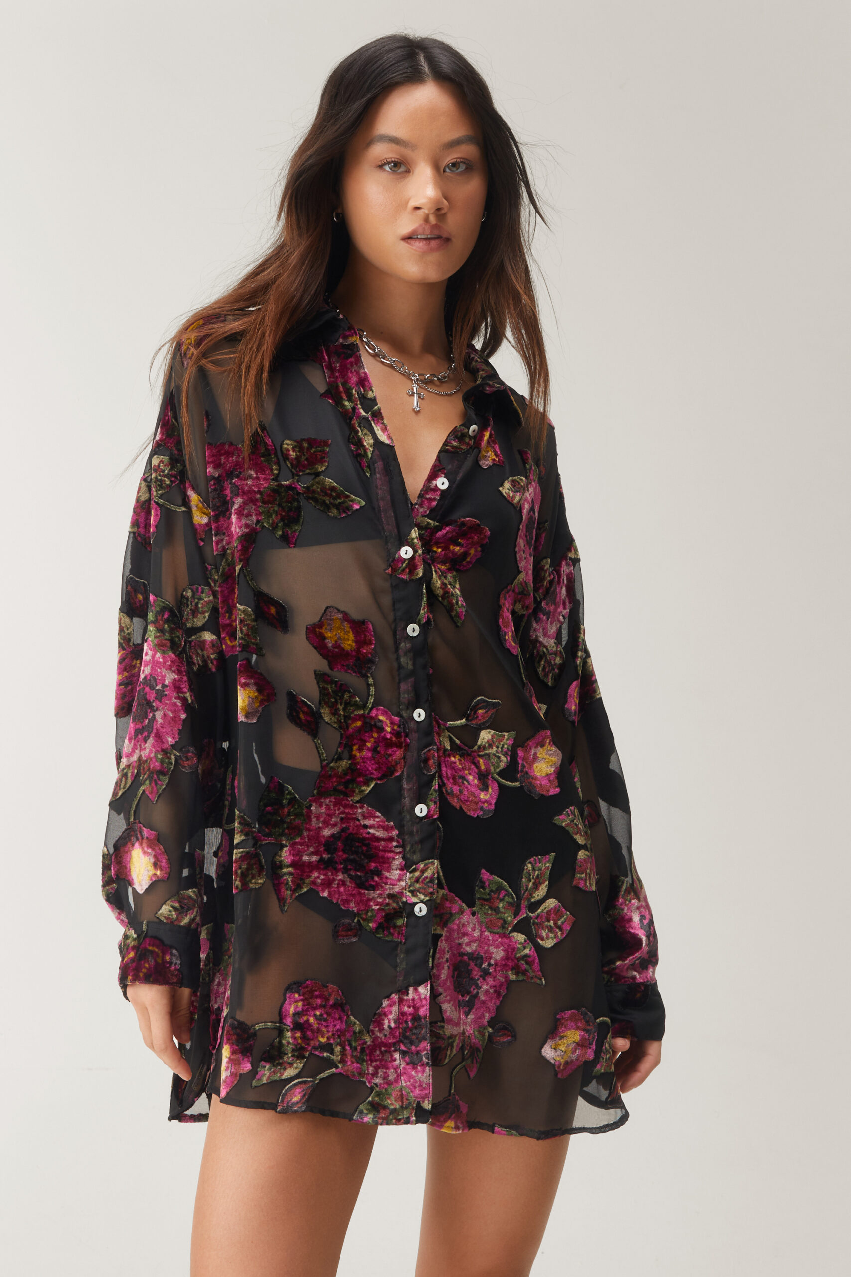 Devore Oversized Sheer Floral Shirt