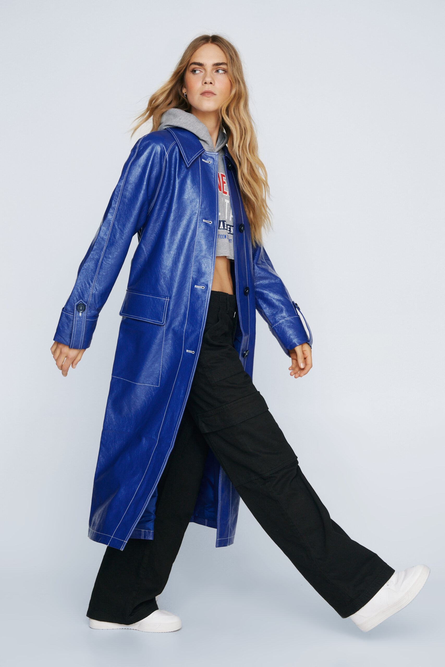 Premium Contrast Stitch Vinyl Trench Coat