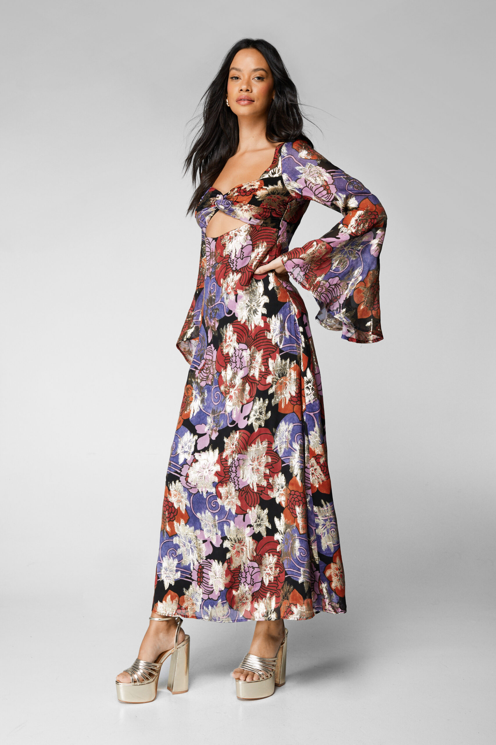 Floral Metallic Ruched Bust Maxi Dress