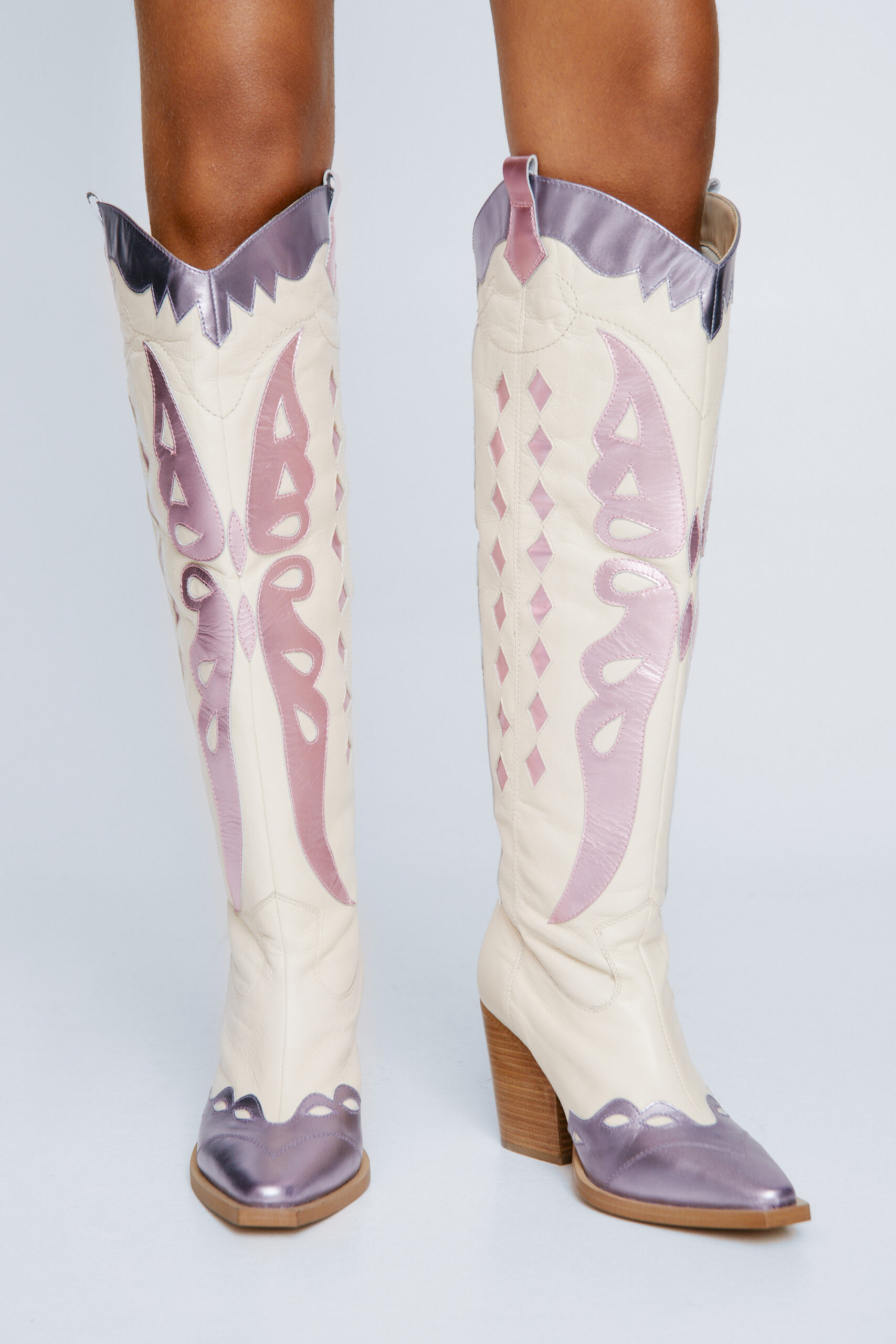 Leather Metallic Butterfly Knee High Western Boot