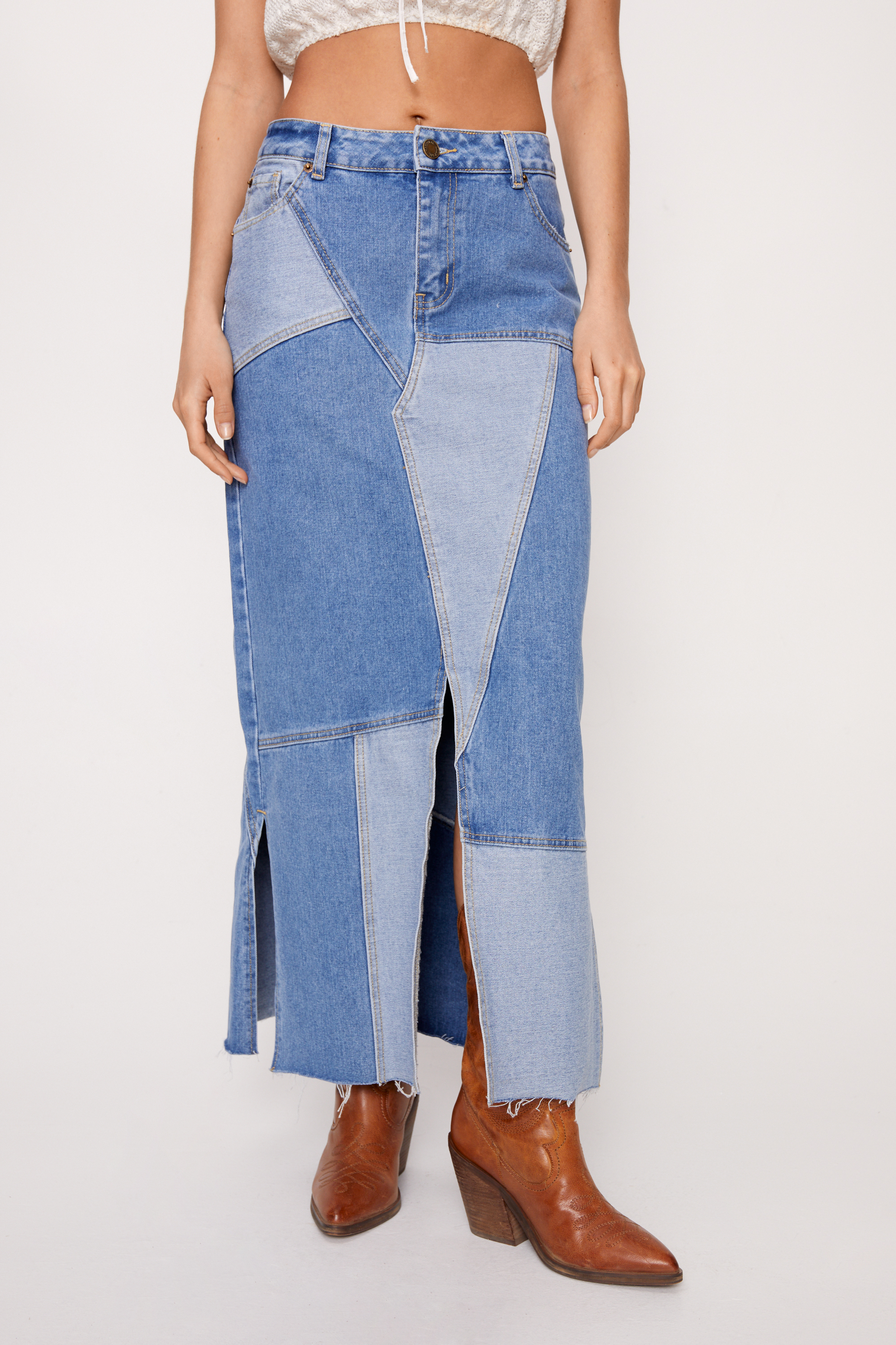 Denim Patchwork Split Front Maxi Skirt