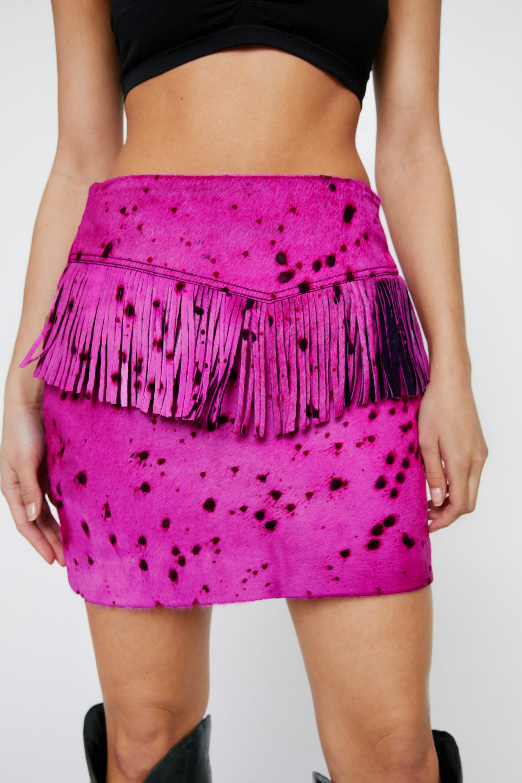 Real Pony Hair Fringe Detail Mini Skirt