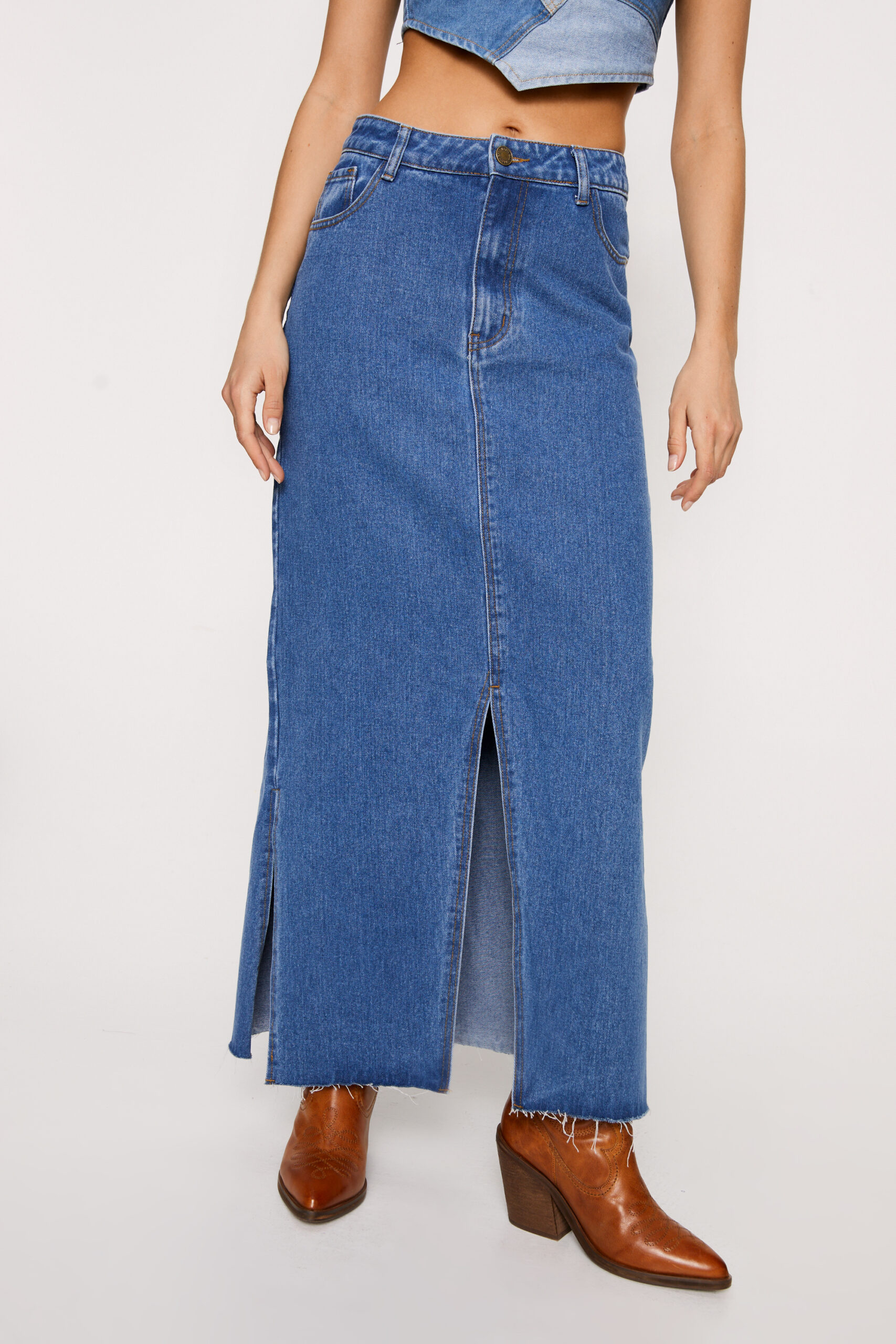 Split Front Denim Maxi Skirt