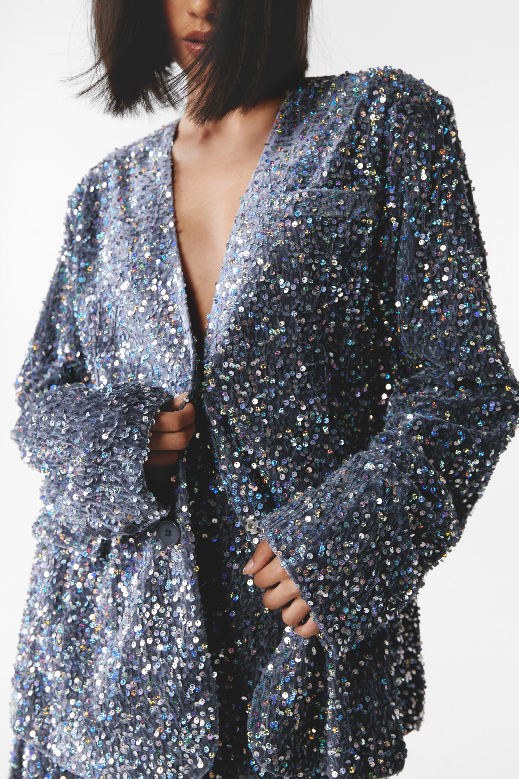 Premium Two Piece Collarless Sequin Blazer