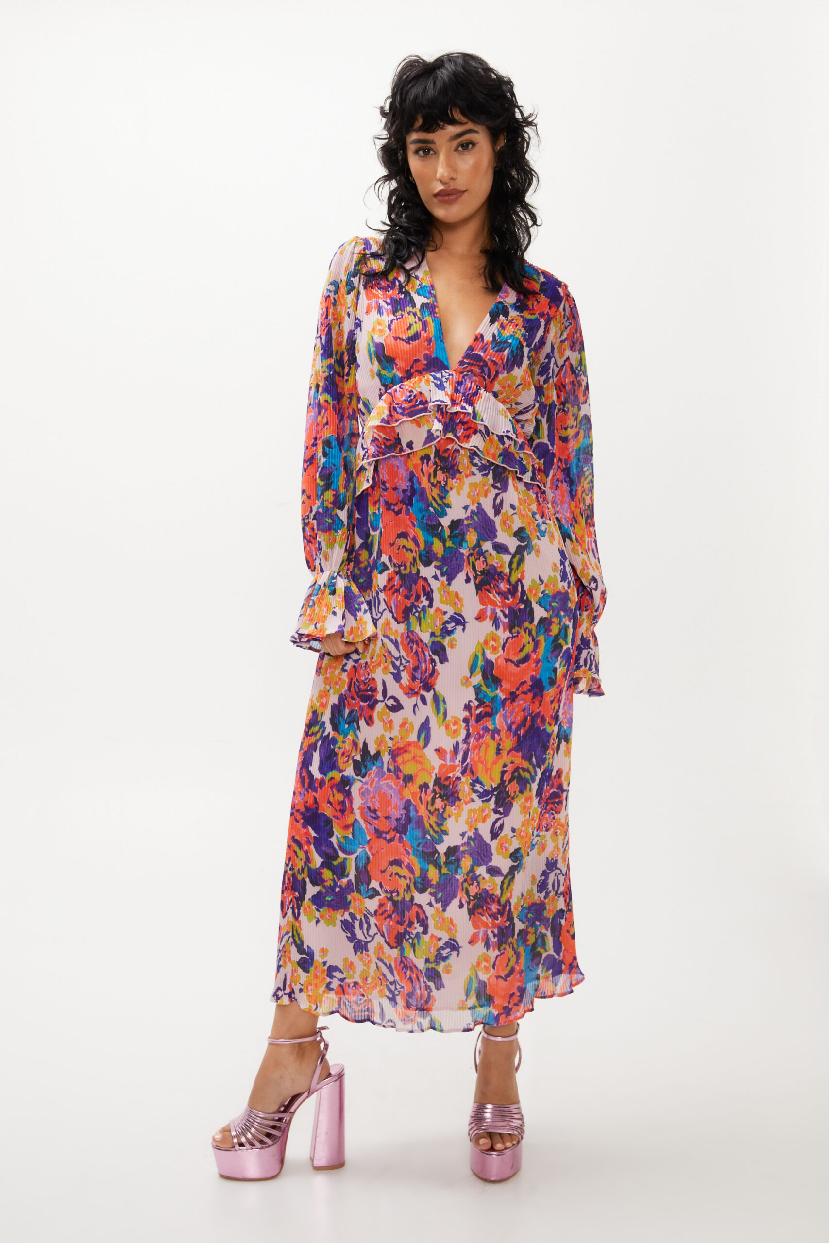 Floral Print Pleated Maxi Dress