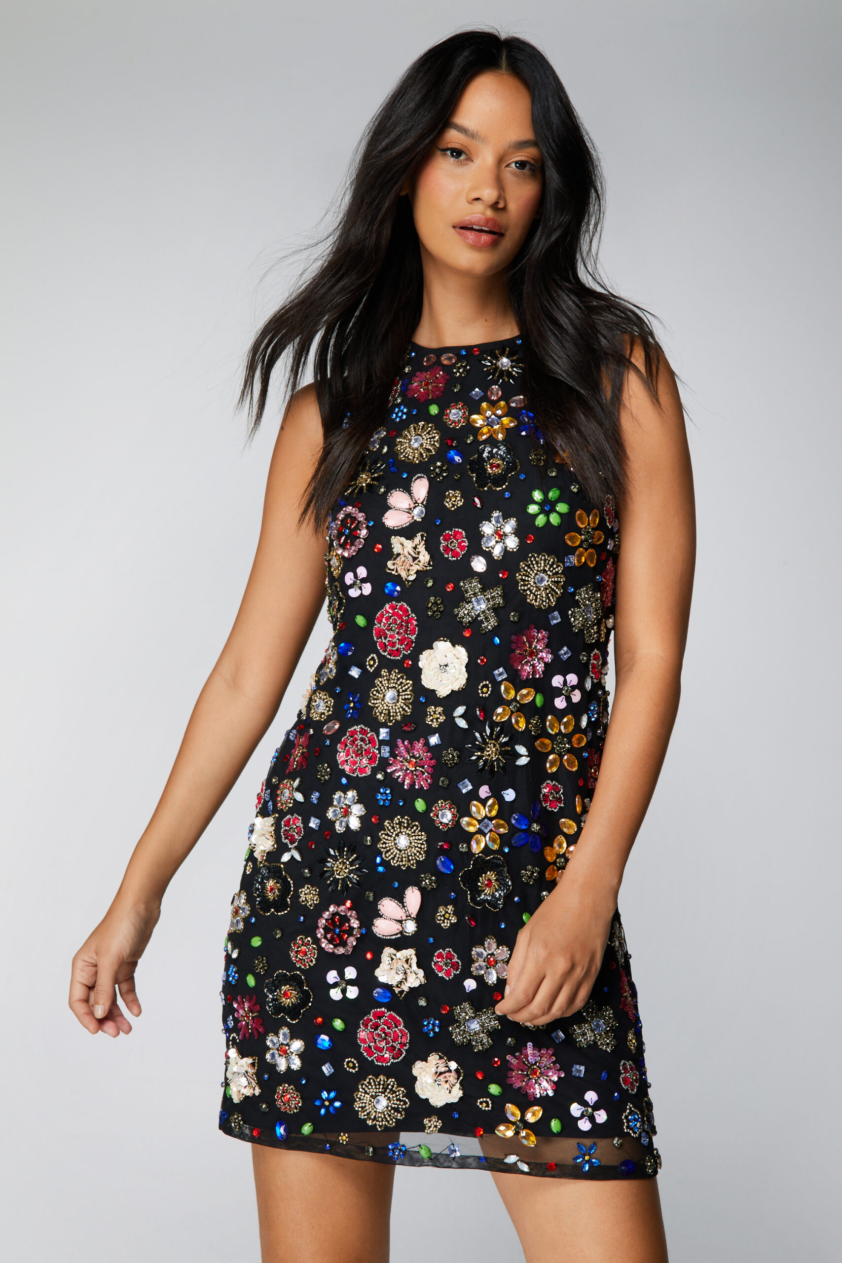 Mixed Flower Embellished A Line Mini Dress