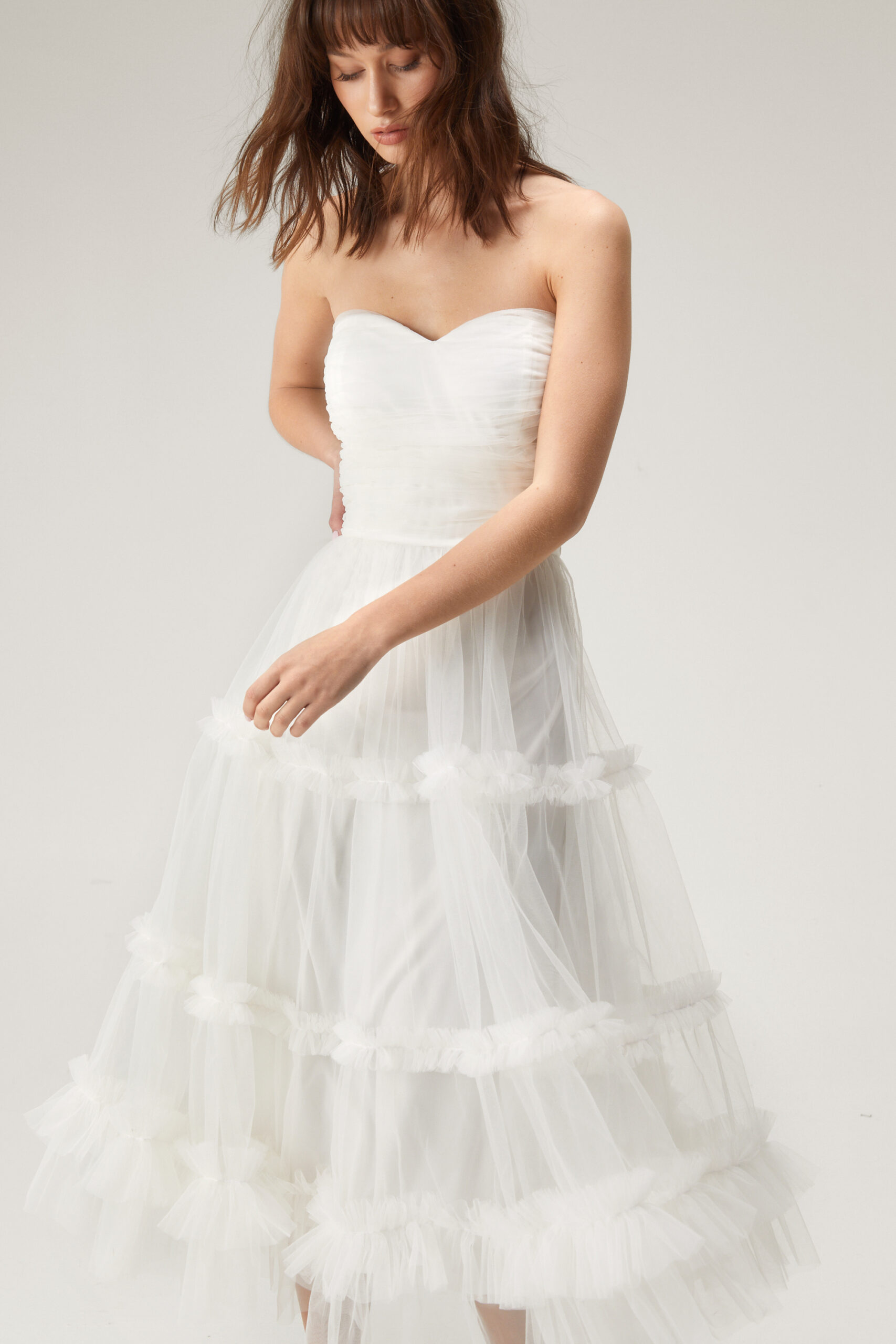 Tulle Tiered Strapless Midi Dress